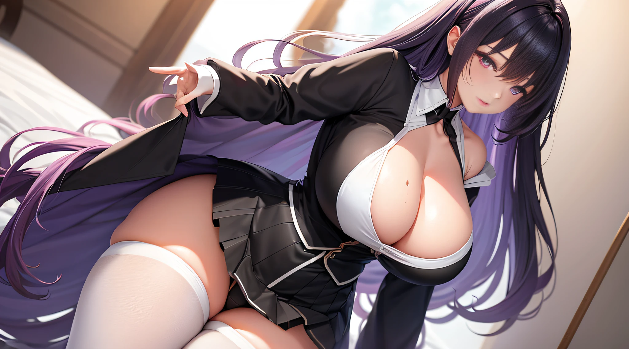 （tmasterpiece，best qualtiy，ultra - detailed，high detal：1.2），1girll，By bangs，black_hair，Blushlush，button_gap，huge_breasts，long_hair，looking_at_viewer，birthmark，purple_eyes，school_uniform，The shirt，a skirt，独奏，sweat leggs，（white_pantyhose：1.25），full bodyesbian，（ulzzang-6500：0.9），（The breasts and vaginal lips are visible through the underwear： 1.5）， Areola Clearly Visible， (Thin areola)， Areola, Inner seam, Natural(Big:1.25),cleavage，（no brassiere）， （with no underpants）， （Exposed ass） ,The chest is huge， （Protruding swollen breasts are particularly massive），Beautiful big breasts, (Big breasts: 1.6)、 (Mature breasts: 1.7), (Chubby breasts: 1.4),、Not wearing a bra、huge tit、Huge tits、gigantic cleavage breasts、Large breasts、Big breasts Thin waist、Slim waist、Tight waist,Giant buttocks、gigantic hip、Large buttocks、裸女生