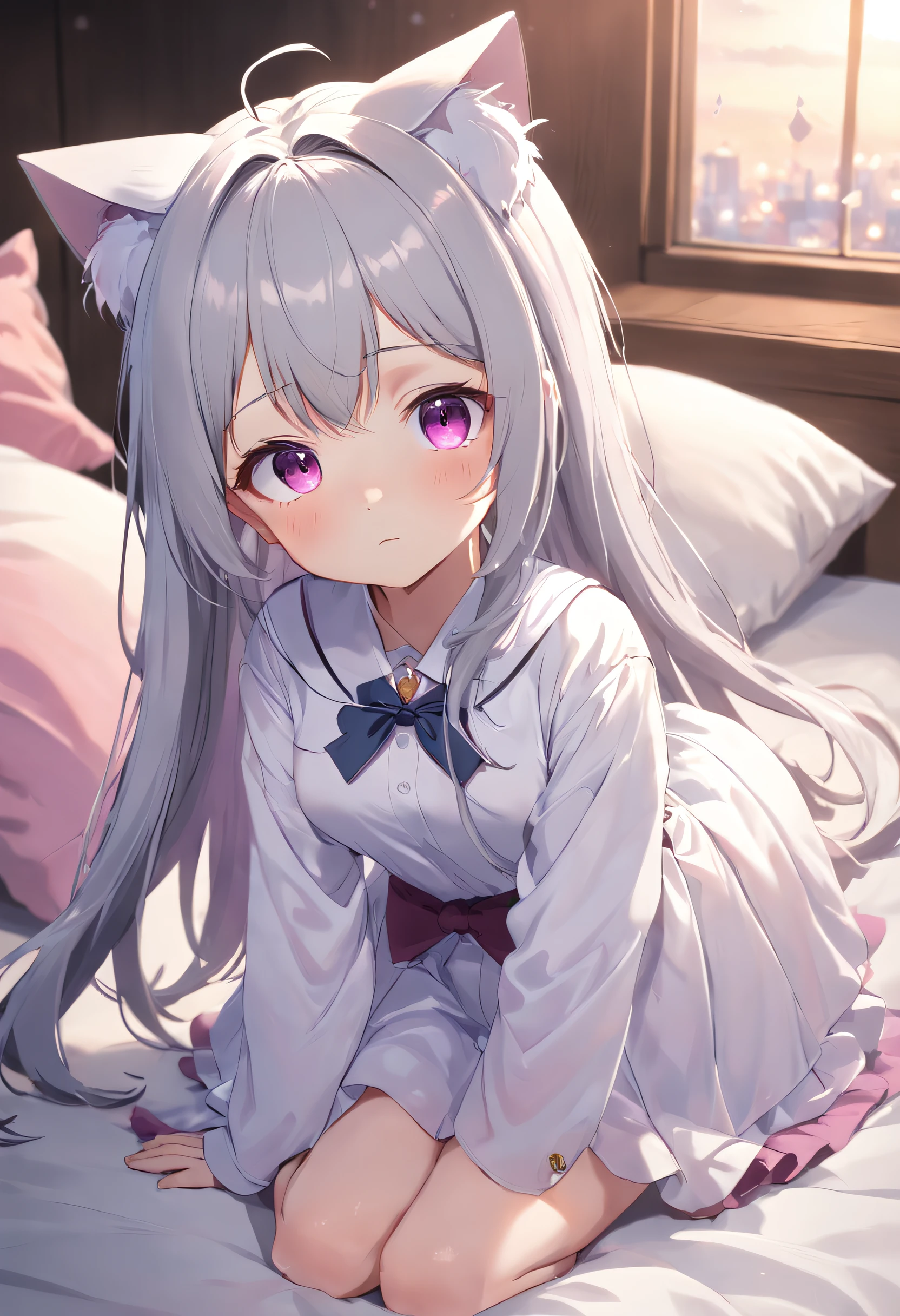 White long sleeve shirt，shining purple eyes，[A girl who is too cute for anyone to see:1.5]、Cat ears，[Shy appearance:1.5]，Open white shirt，a cute loli，Barefoot，Look up at your head，Beautiful eyes，largeeyes，Cute faces in anime，Long grey hair，Lolita skirt，Rest in bed,[spoiled ],
