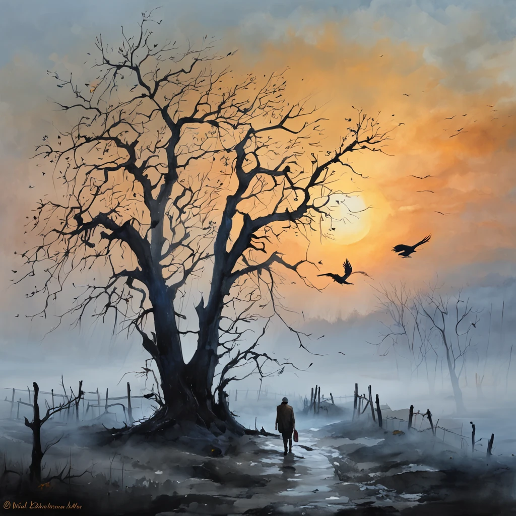 Two crows on a dead tree, Shadows shaped like walkers, Starry Night, thick fog on the ground, Blue light on the horizon, unreal enginee 5, Cinematic, low angle photo, Motion Blur, depth of fields, Dust, Cobblestones and soil. Splash Art, Drip paint. Perfect color grading. Influence of Karel Appel and Jeremy Mann, Lots of dramatic and threatening scenes, ultra-detailliert, Beautiful, insanely detaileda, Intricate details, Editorial Photography, Shot with a 50mm lens, depth of fields, Tilt Blur, Shutter Speed 1/1000, F/22. Lightmaps, Super bright