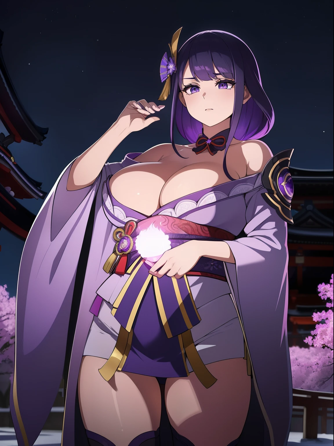 (Illustrations super fines:1.2),(masutepiece, 8k), (Best quality, High quality:1.4),(Masterpiece), Ultra - detailed, Ultra - detailed,Background to the masterpiece,beautiful detailed background, V8k wallpapers(Nuit:1.2),(dehors), (very detailed background), Purple lightning, meilleur_quality, 1 fille, ,beau_et_aesthetics:1.2), (1 femme:1.3), (fractale_art:1.3), (huge breasts), luz_reflection, (1 femme, Raiden Shogun,Raïdenshogundef, cheveux violets, ornements de cheveux, cheveux longs, braided ponytail, (((brassard, Purple Japanese clothing, manches larges, manches longues, cuisses, Kimono violet))), 1fille, seulement, (24 ans:1.5),beau doigt,Belles jambes longues,beau corps,Beau nez, Des yeux parfaits, visage parfait,(Beautiful detailed purple eyes),((femelle mature:1.1)),((MILF:1.1)), Raiden Shogun, cheveux violets, yeux violets, Des yeux brillants, Electric violet particles, cheveux longs, Elegant beautiful hands, jambes nues, cuisses parfaites, kimono, view from below, corps entier, (summon an electric katana between her breasts), Breaks an electric katana from his chest, Cheveux publics, debout, Night background, Background to the Inazuma Temple,