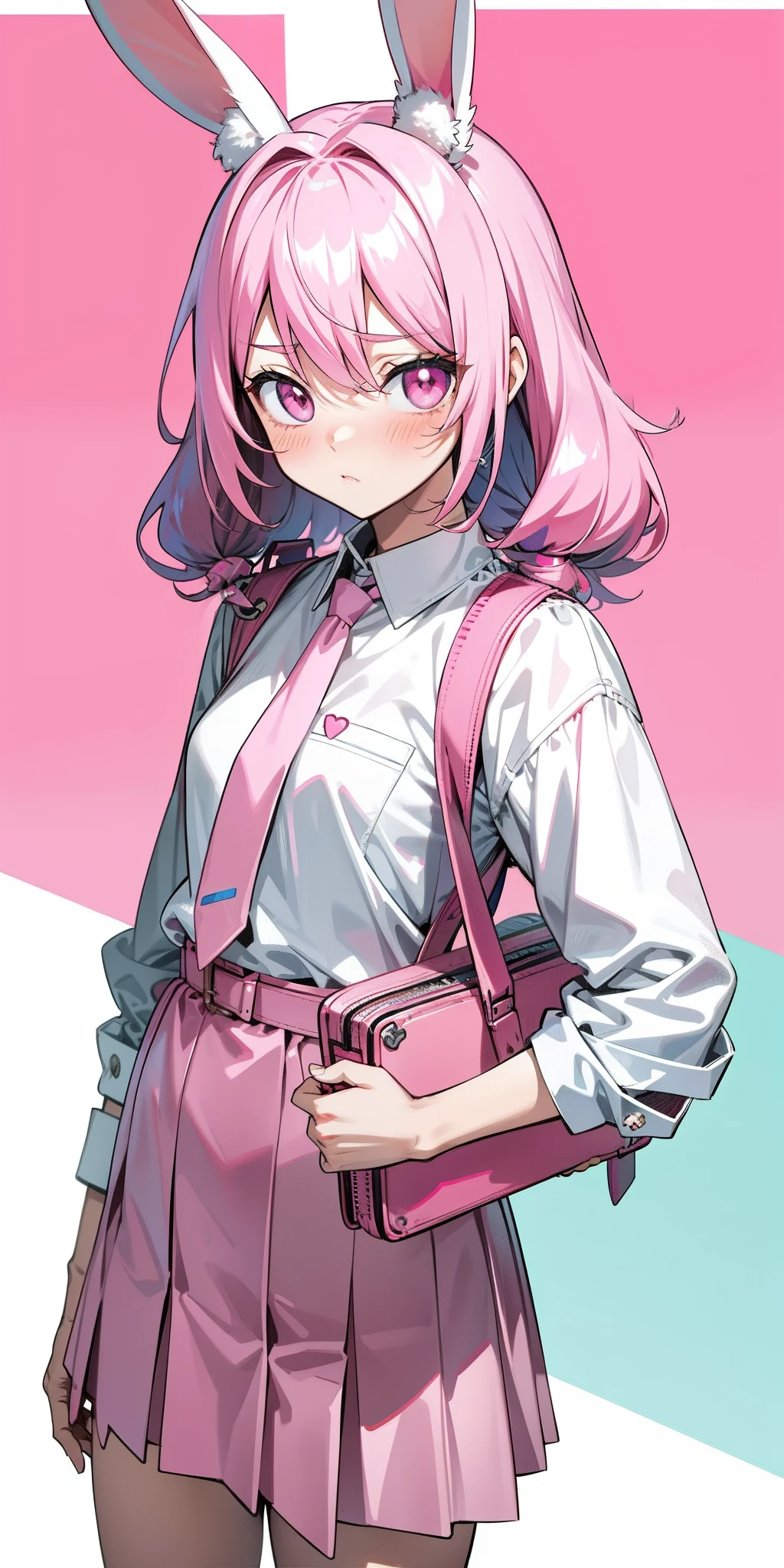 Anime girl with pink hair and bunny ears in pink tie, pink eyes, shy blush, pretty, small satchel, cyberpunk