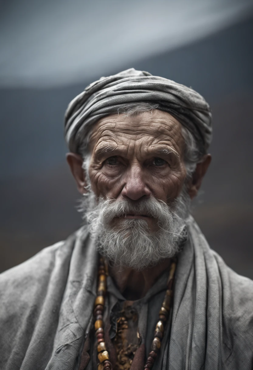 A portrait of a wizard, bearded, wrinkled, weathered, with piercing eyes, detailed face, high details, photography, dark studio, rim light, Nikon D850, 50mm, f/1.4