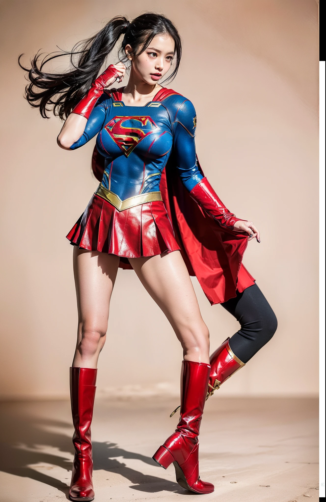 (((Make the most of the original image)))、(((Supergirl Costume)))、(((lustrous dark hair)))、(((Suffering)))、(((Feet must necessarily be worn with black tights)))、(((You need to wear red boots)))、((Top image quality、8K))、((top-quality、8K、​masterpiece:1.3))、Crisp focus:1.2、Beautiful woman with perfect body shape:1.4、Slender Abs:1.2、((layers-Cut、large boob:1.2))、a wet body:1.5、Highly detailed facial and skin texture、