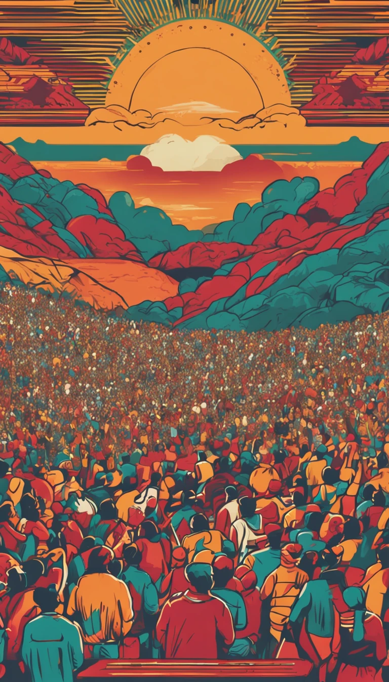 stage of a South American folk music festival in front of a large crowd, , realistic, intricate detail, cinematic, typography,