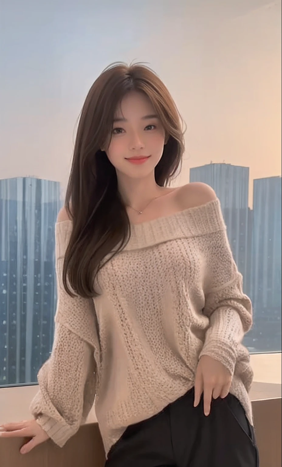 On the balcony with a beautiful night view、Pose with buttocks sticking out、(top-quality、8K、​masterpiece：1.3))、foco nítido：1.2、Beautiful Women in Perfect Style：1.4、Slender Abs：1.2、((dark brown hair、Colossal tits：1.2))、(Rib Sweater: 1.3), off-the-shoulder sweater, (Black short trousers: 1.2),（fidelity：1.3），Filigree，quality，（tmasterpiece：1.2），（fidelity：1.2）(Crawling, falling flat, Very trendy, Ass up, Look at viewers))、(Hotel room with beautiful night view:1.1)、A detailed eye、二重まぶた、A smile、