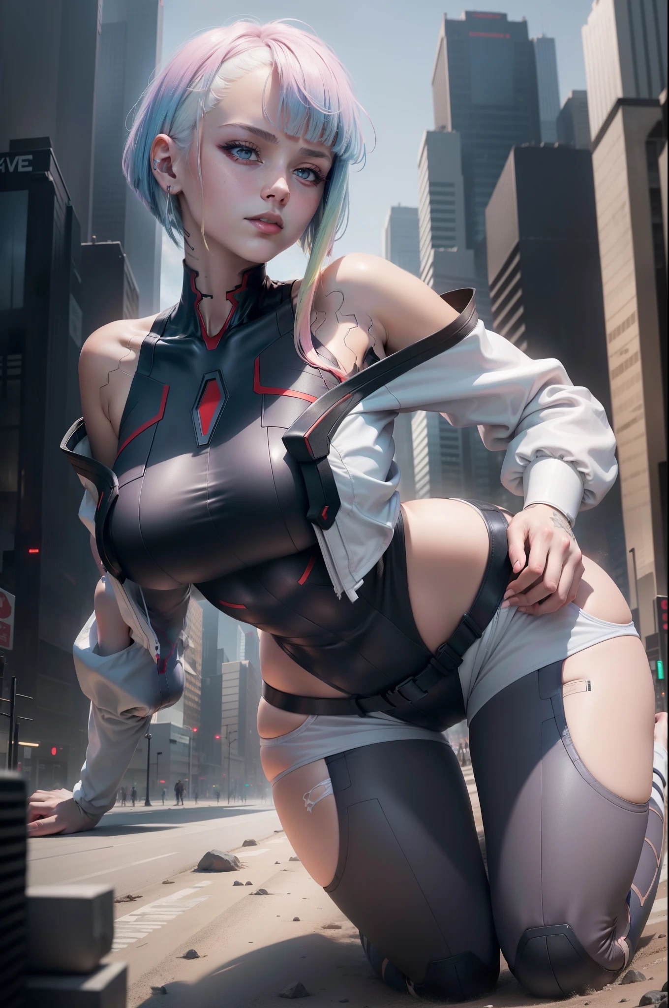 masterpiece, best quality, high resolution, gigantic, big body, lu1, cyborg, multicolored hair, makeup, bare shoulders, black leotard, high leg leotard, (thong:1.1), white jacket, open jacket, belt, shorts , cowboy shot, cyberpunk, on all fours, over viewer, looking down