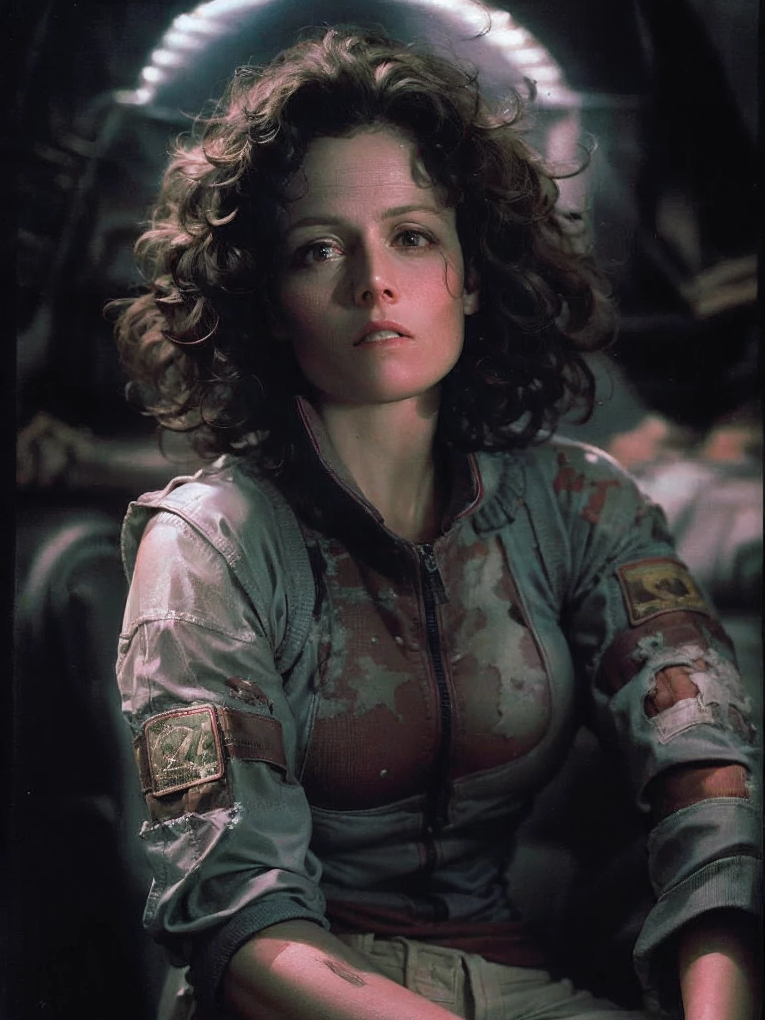 A woman in military uniform sits in a room, Ellen Ripley, Shot from the movie "Aliens", young Sigourney Weaver, From the franchise "Aliens", shot from the movie "Alien" (1979), On Nostromo, Shot from the film by Ridley Scott, Ripley, Screenshot of the movie "Alien", an alien ( 1 9 8 4 ), an alien ( 1 9 7 9 ), Nostromo