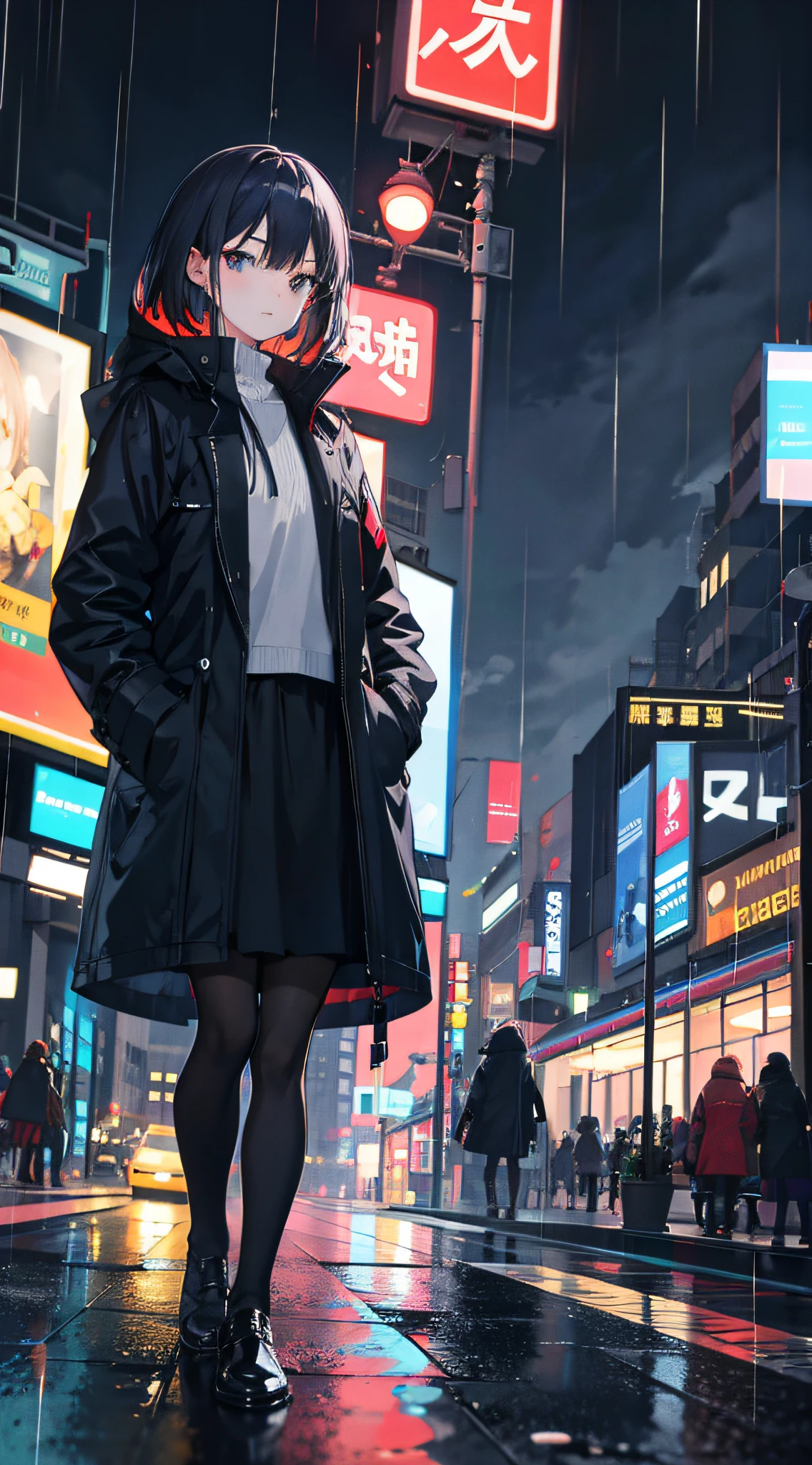 1girl, Night City, rain, coat, hands in pockets