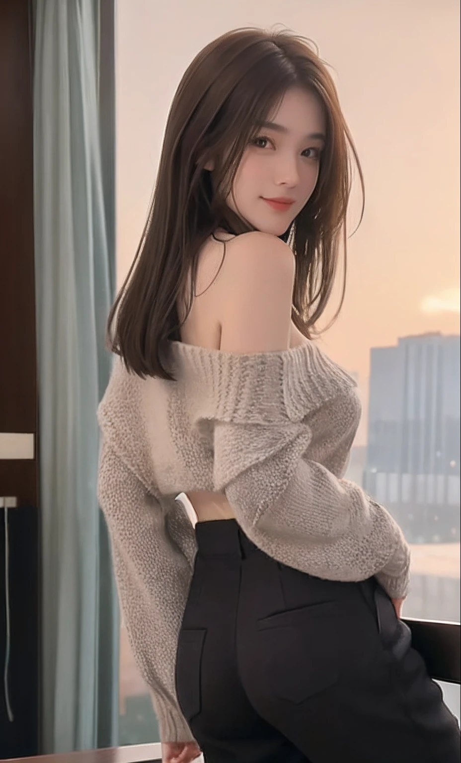 On the balcony with a beautiful night view、Pose with buttocks sticking out、(top-quality、8K、masterpiece:1.3))、foco nítido:1.2、Beautiful Women in Perfect Style:1.4、Slender Abs:1.2、((dark brown hair、Colossal tits:1.2))、(Rib Sweater: 1.3), off-the-shoulder sweater, (Black short trousers: 1.2),(fidelity:1.3),Filigree,quality,(tmasterpiece:1.2),(fidelity:1.2)(Crawling, falling flat, Very trendy, Ass up, Look at viewers))、(Hotel room with beautiful night view:1.1)、A detailed eye、二重まぶた、A smile、