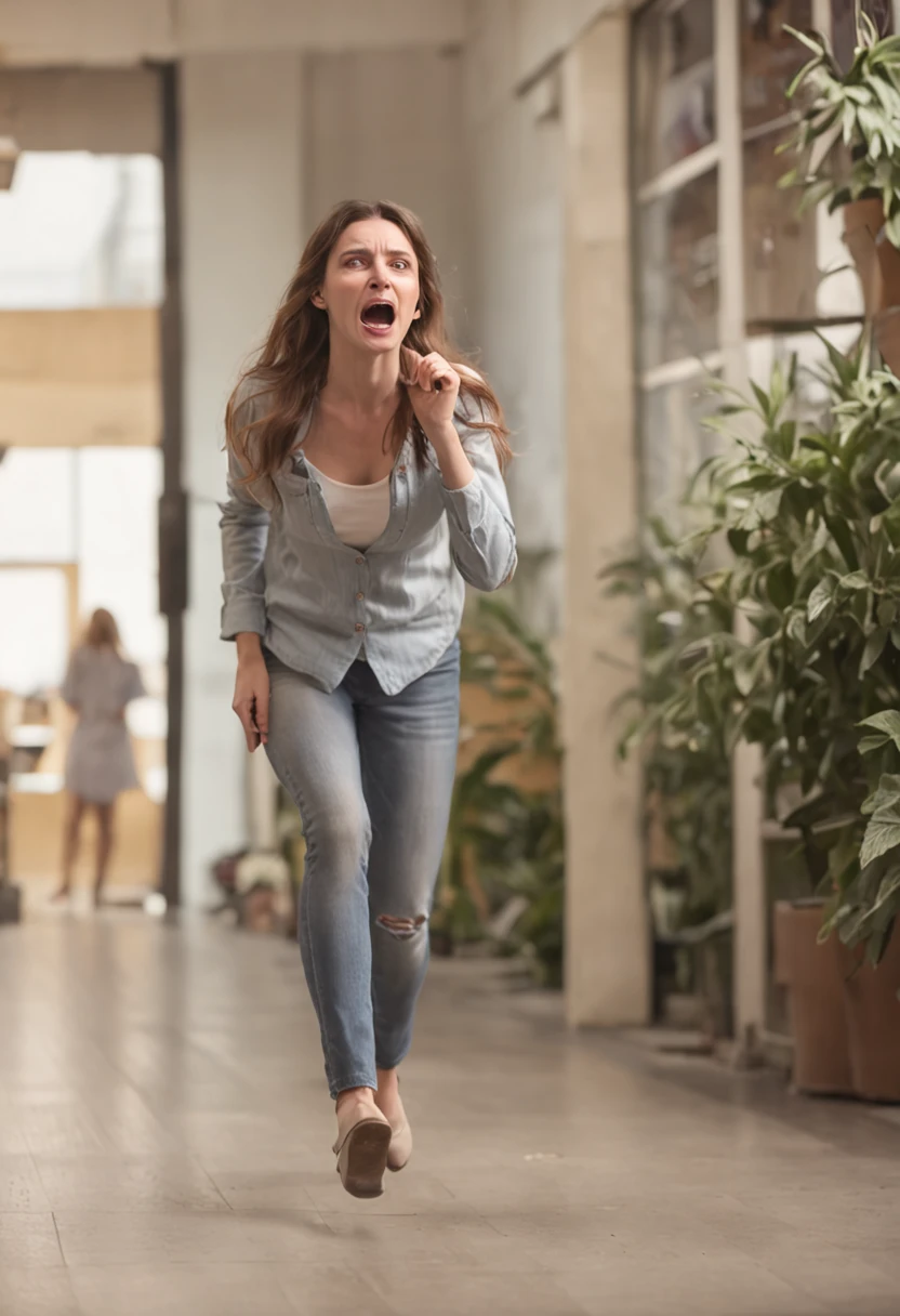 woman crying in a shoe store, being chased by a monster, realistic photo, indirect light