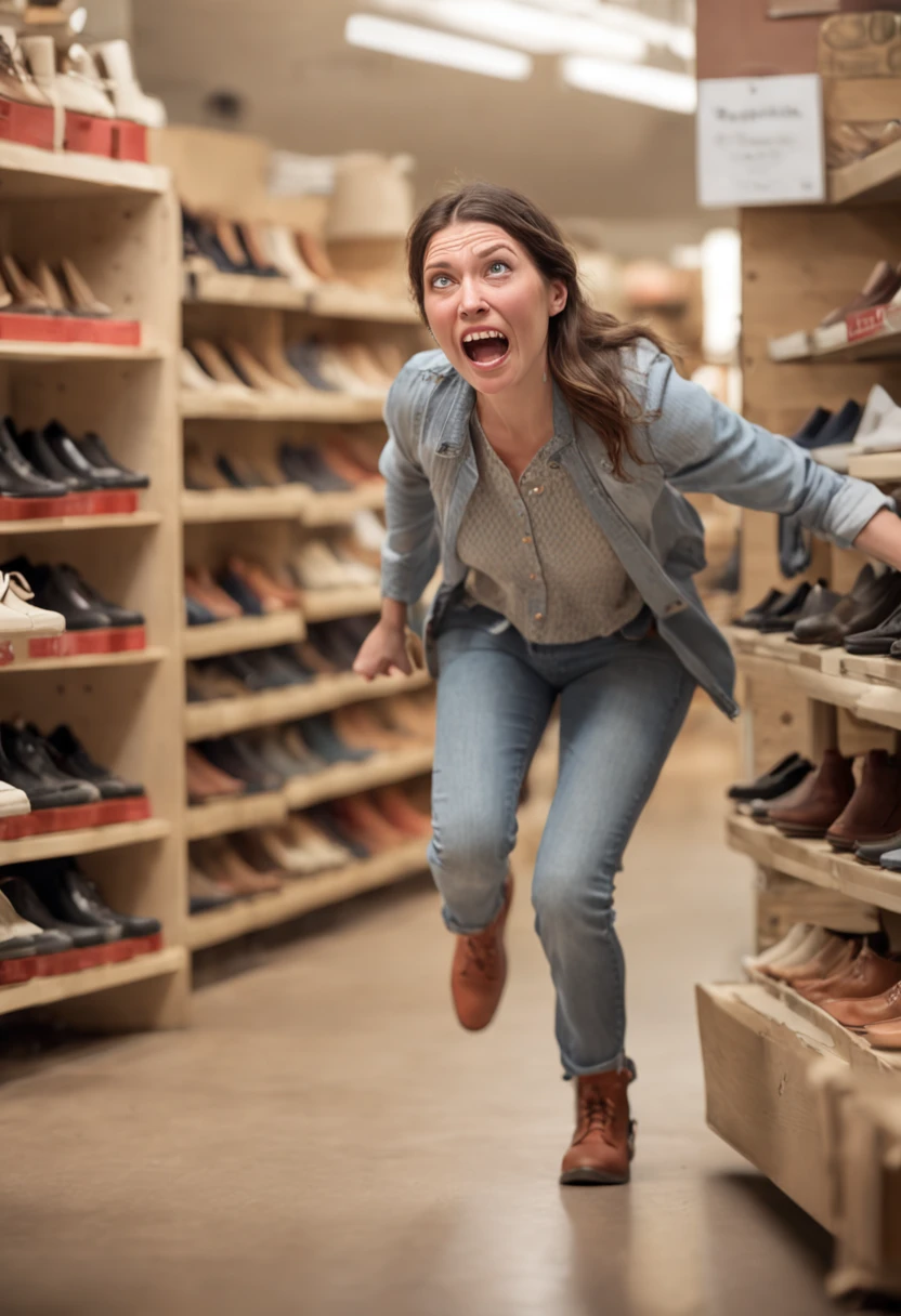 woman crying in a shoe store, being chased by a monster, realistic photo, indirect light