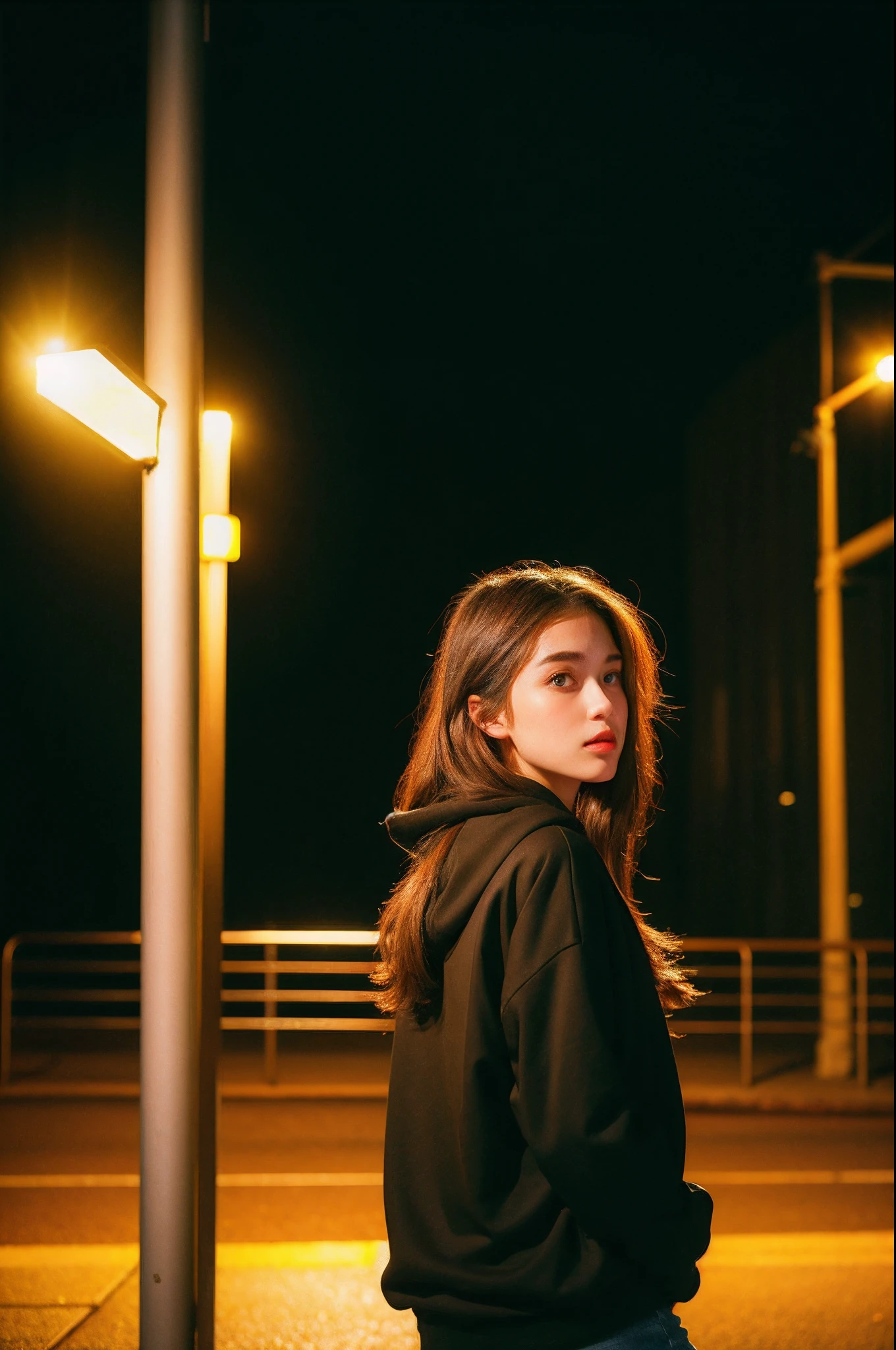Sad theme , (best quality, masterpiece:1.2), 18yo beautiful girl sitting the Bench,black hoody , (Street lamp background:1.3), shoot the Sony a7,3.5 mm Lens, f 1.8 apature, lighting glow effect,no retouching,raw photo realistic, skin texture is very detail ,no makeup, background lighting is yellow, raining day,atmosphere is moody, smoking girl,On the way to the vapors