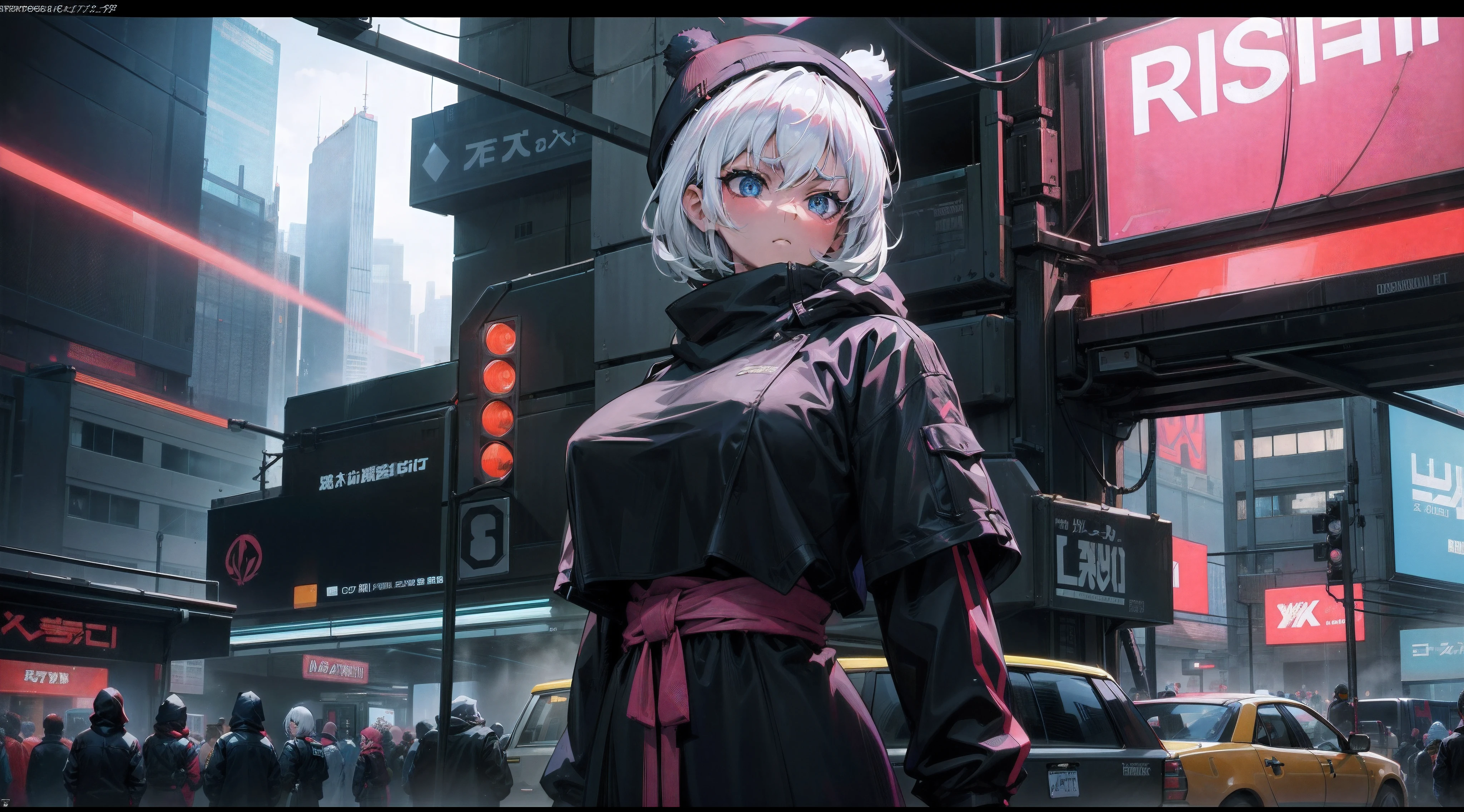 {{{{ masterpiece }}}},{{{{ 4K }}}},{{{{ badass anime 8 k }}}}, {{{{{{{{ short hair }}}}}}}}, {{{{{{{{ white hair }}}}}}}}, {{{{{{{{ big boobs }}}}}}}}, {{{{{{{{ black shirt oversize }}}}}}}}, beanie cyberpunk