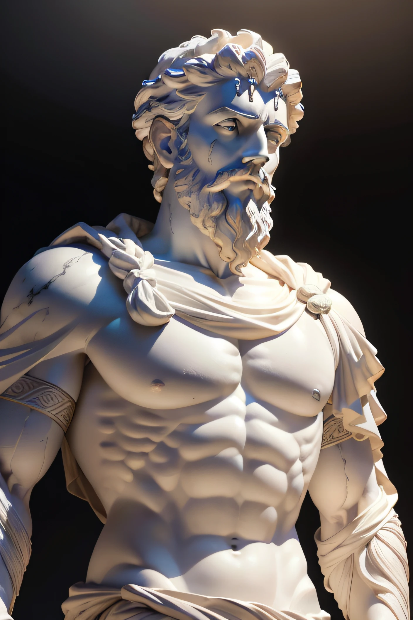 A realistic Greek white marble statue of Marcus Aurelius very strong and confident carefully detailed using a ghostly toga, neutral background, Moody, photorealistic, thoughtful cinema dinner, super detailed, hyper realistic, bright lights, 8000