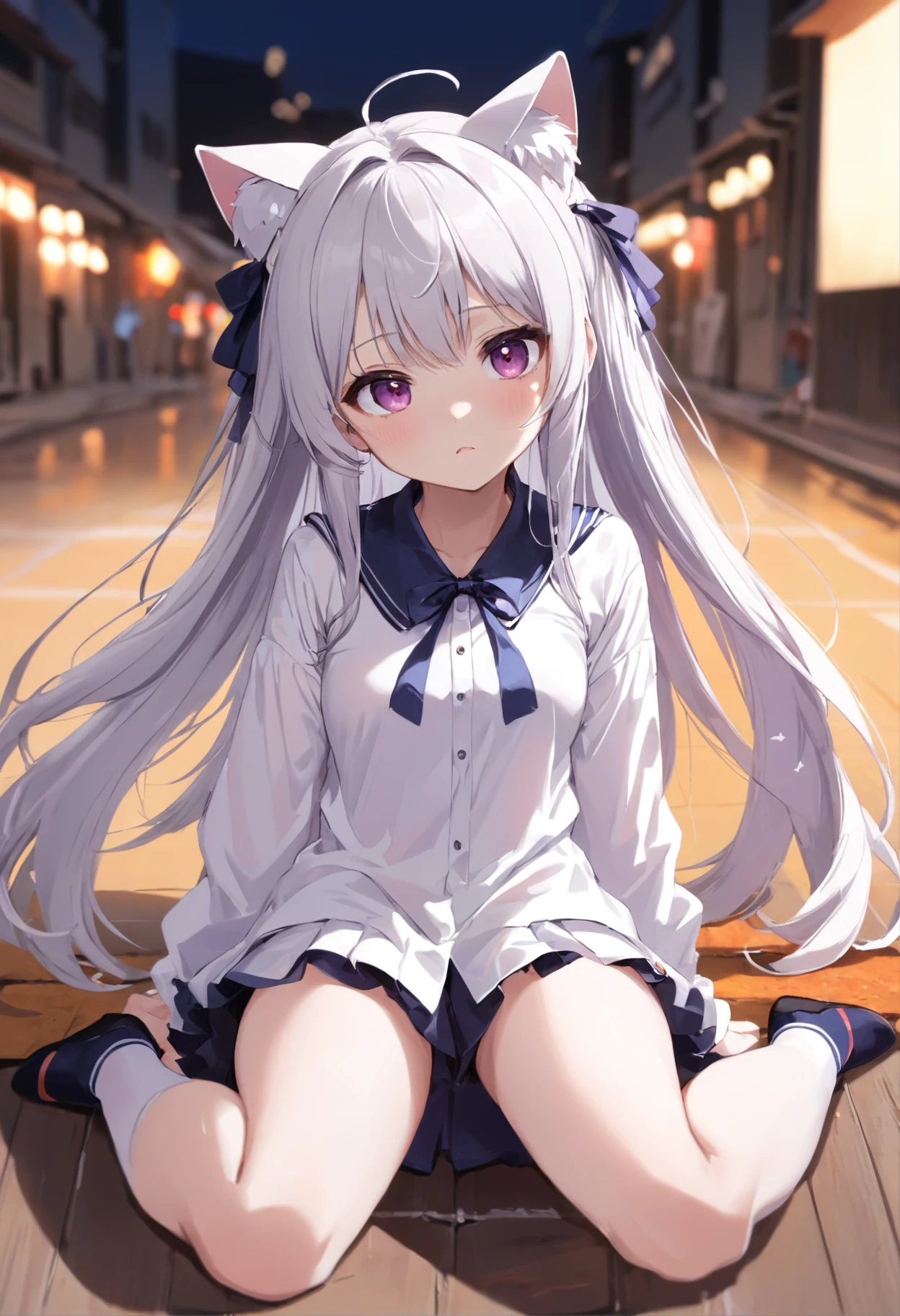 White long sleeve shirt，shining purple eyes，[Too cute:1.5]、Cat ears，[Shy Expressions:1.5]，Open white shirt，a cute loli，Leaky shoulders，Barefoot，Look up at your head，Lie on the ground，largeeyes，Cute faces in anime，Long grey hair，Lolita skirt，Rest in bed,Seductive(8k picture、top-quality、​masterpiece:1.2)、(reallistic、Photorealsitic:1.2)、 Phenomenally cute girl、3D images、sitting on、４cent, student clothes, white  panties, sockes, A dark-haired, The shirt, bblurry, Blurry headrest, looking to side, plein air, Brown Footwear, ​masterpiece, top-quality, ultra-detailliert、(((pantyshot)))、(((Spread your legs apart)))、Inviting eyes、Background, knee high, white  shirt, lowfers, life-like, length hair, s lips, Brown-eyed, Black socks, neck tie, pleatedskirt, the bow