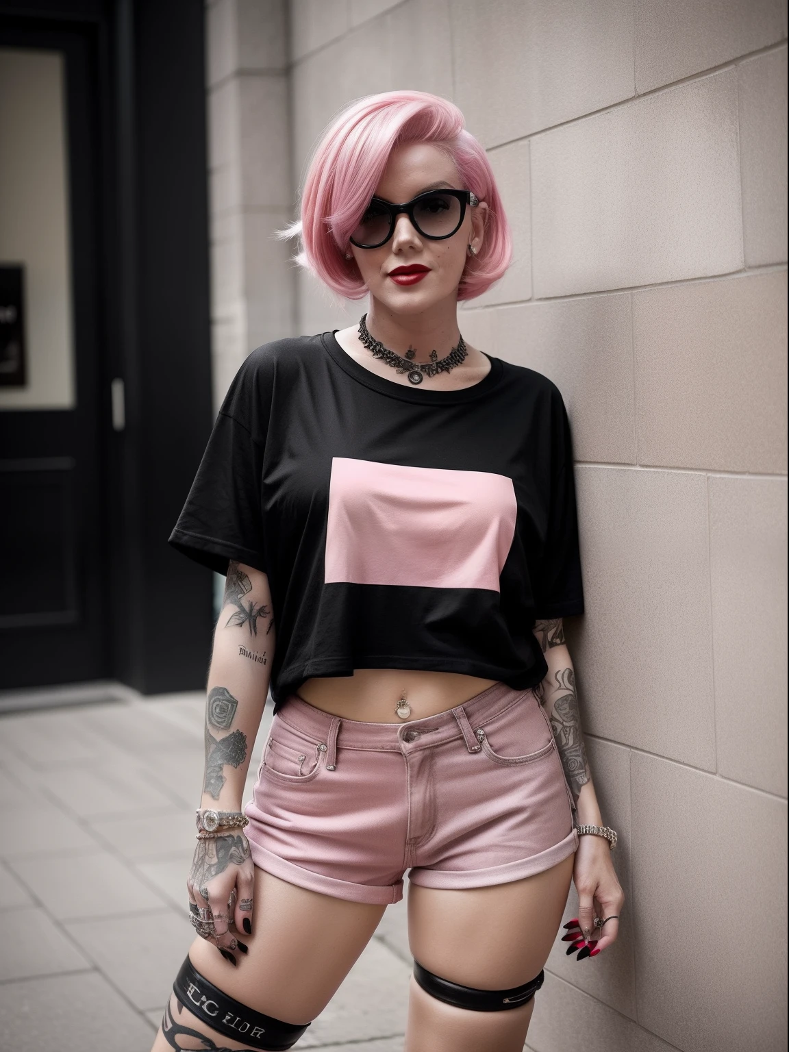 Photo of Marilyn Mono, sexy shorts and t-shirt, pink hairs, many black tattoes, tattoe on the neck, in the town, full body, modern