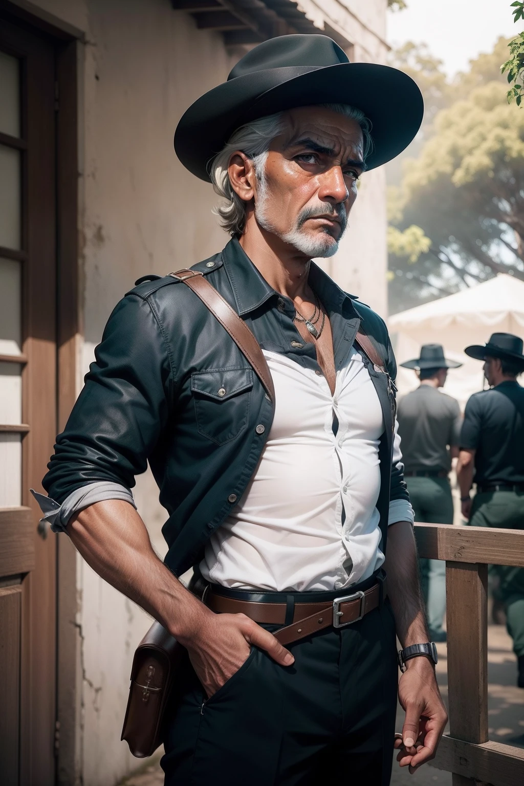 _On a sunny morning, In a small town in the interior of the Brazilian hinterland, um homem negro alto e forte, chamado Raimundo Reis, veste uma camisa social cor-de-rosa de manga longa e fica de costas sobre toras de madeira. Ele confronta seis homens, sendo que um deles, carrying an old gun from the 60's, fires three shots at Raimundo Reis. As a result,, Raimundo Reis fica ferido. No fundo, vemos uma rua ladeada por casas no estilo da arquitetura popular portuguesa, and six horses tied to trees, todos assustados com os tiros._