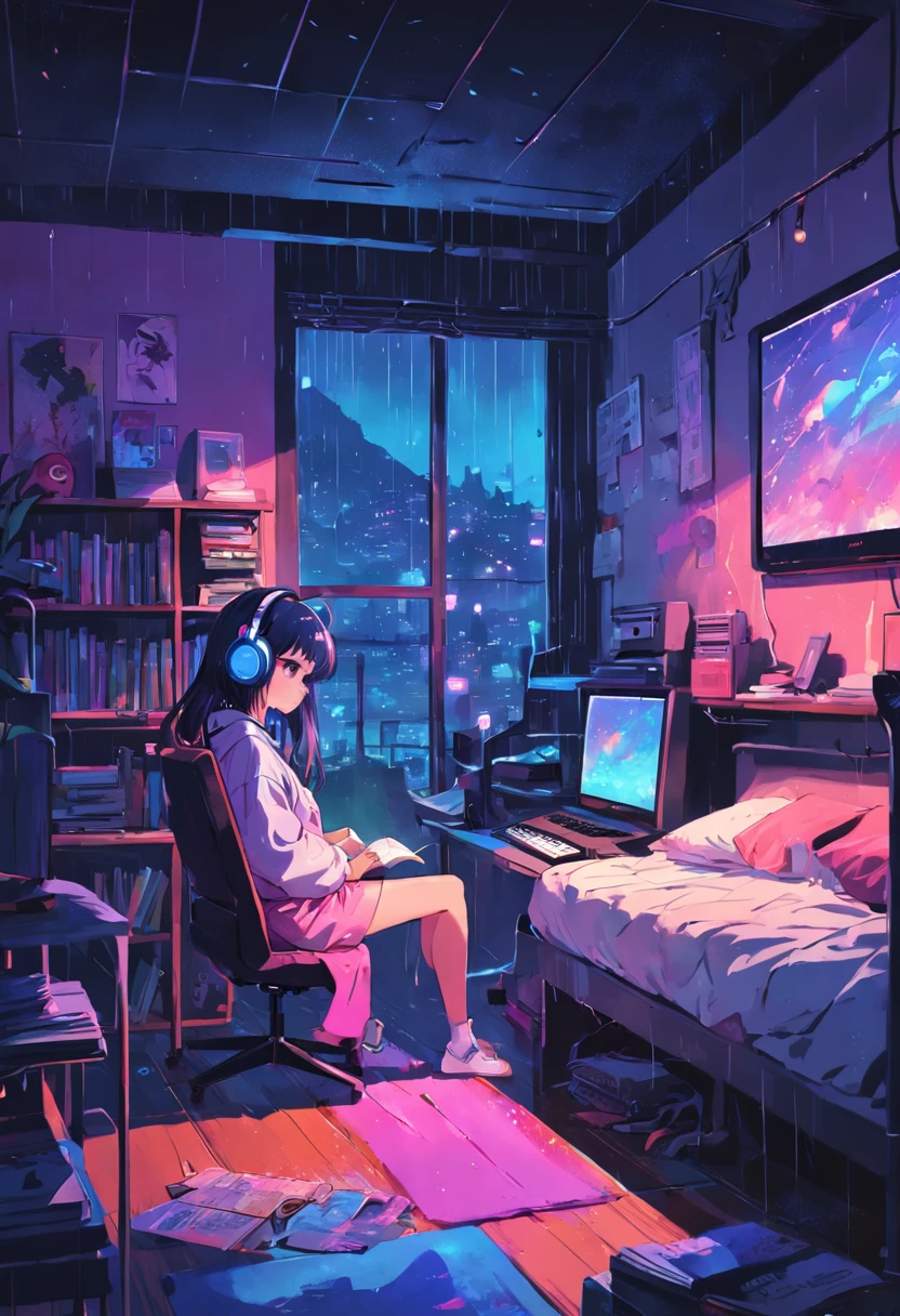 (zero), Girl studying in her room, reading a book, Wear headphones, , night lights, Neon landscape on a rainy day,Analog Color Theme, Lo-Fi Hip Hop , retrospective, flat, 2.5D ,Draw a line, Ink Drawing, Large slope, Watercolor painting, Goosch Colors, Studio Ghibli Style, Awesome colorful, Outer Ton, Synthwave, lofi art,90s style,Old texture, amplitude,90s vibe, masutepiece, Tremendous technology