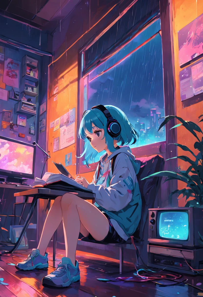 (zero), Girl studying in her room, reading a book, Wear headphones, , night lights, Neon landscape on a rainy day,Analog Color Theme, Lo-Fi Hip Hop , retrospective, flat, 2.5D ,Draw a line, Ink Drawing, Large slope, Watercolor painting, Goosch Colors, Studio Ghibli Style, Awesome colorful, Outer Ton, Synthwave, lofi art,90s style,Old texture, amplitude,90s vibe, masutepiece, Tremendous technology