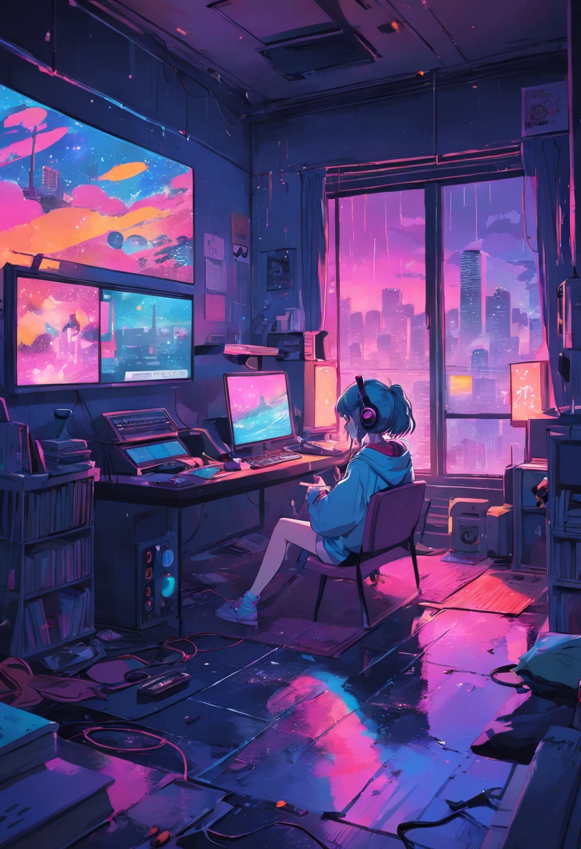 (zero), Girl studying in her room, reading a book, Wear headphones, , night lights, Neon landscape on a rainy day,Analog Color Theme, Lo-Fi Hip Hop , retrospective, flat, 2.5D ,Draw a line, Ink Drawing, Large slope, Watercolor painting, Goosch Colors, Studio Ghibli Style, Awesome colorful, Outer Ton, Synthwave, lofi art,90s style,Old texture, amplitude,90s vibe, masutepiece, Tremendous technology
