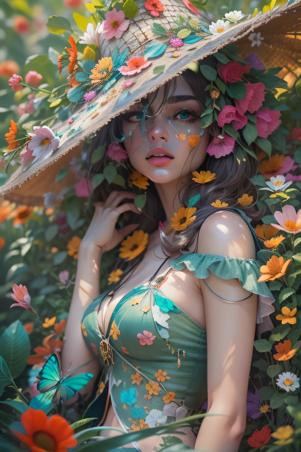 Original digital portrait, Conceptualism, visual art, Portraiture, beautiody, fantasy, a closeup of a, Beautiful Lady Summer, in an unusual hat made of bright colors, Delicate flowers, Mosaic effect, Broken glass effect, oil painting, paint splatter, Streaks, brightly, graphically, green, turquoise, emerald, 32k, 3D render, style of: artstation, art botanical, hd, 5d rendering, ray tracing, cgi, unreal engine 5, 64k