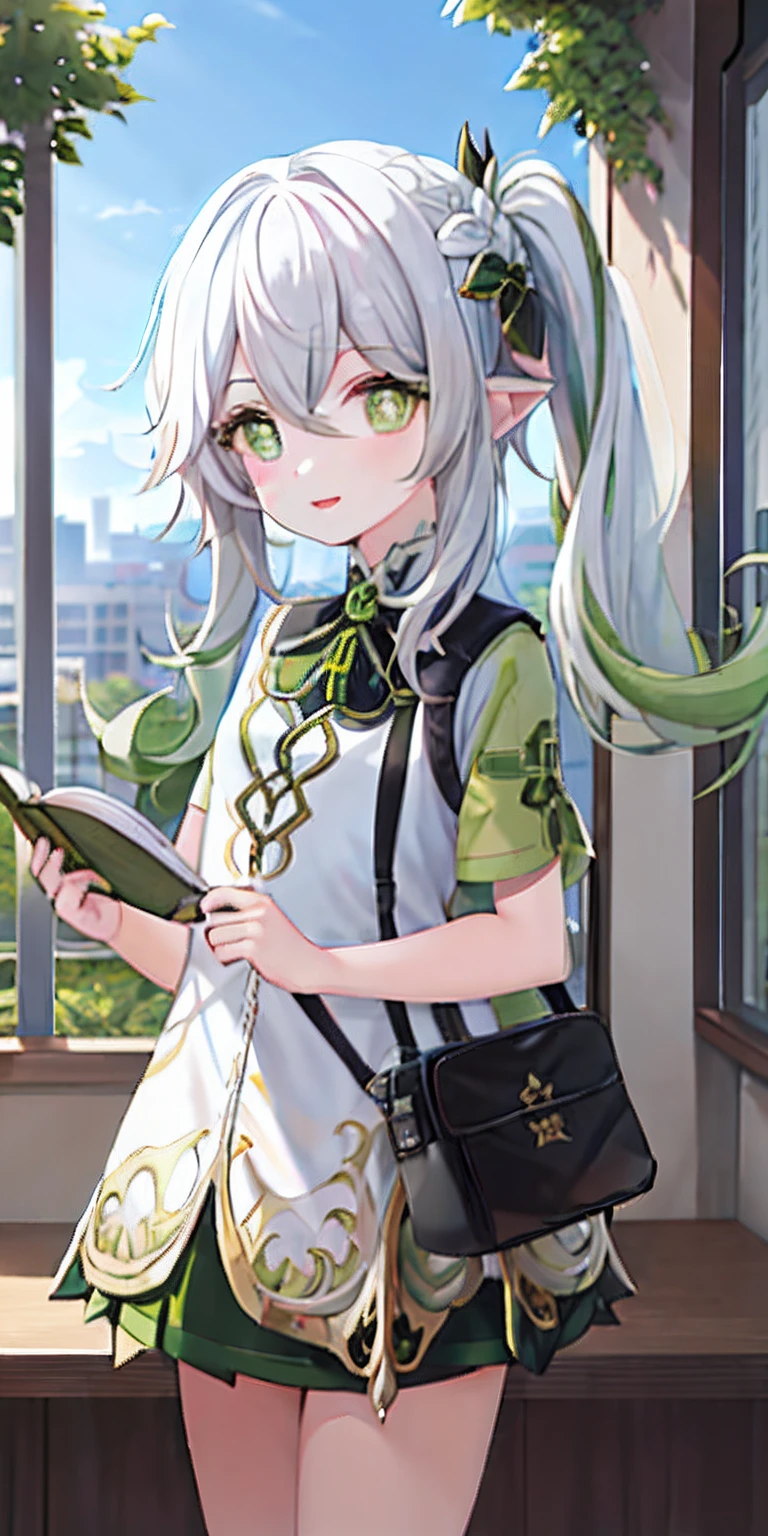 no back ground, Skirt Lift, 8 , , out, ssmile, bright sunny, bright sunlight, gram, cross-shaped pupils, pointy ears, hair ornament, White hair, green hair lock, side ponytail, work of art, best qualityer