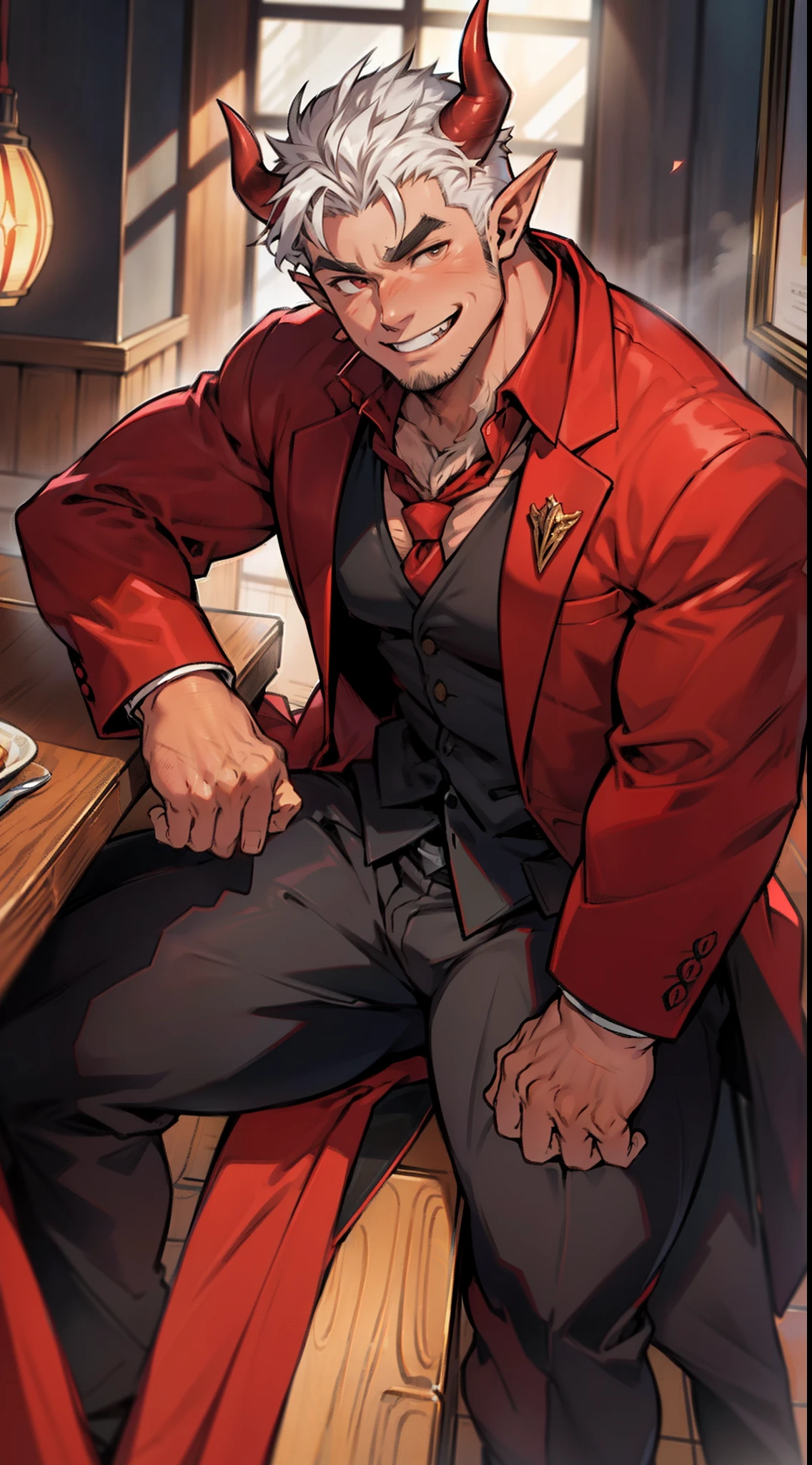 1 man, young middle-aged man, Oni, (crimson dark red skin), long pointy ears, little red horns on the forhead, fangs, cute happy smile, square face, solo, muscular, hairy, chubby, tall, giant, hunk, big biceps, big thighs, wide shoulder, facial hair, crewcut hair, white hair, wearing a red suit, black trouser, red tie, sitting in a restaurant, viewer looking, smirking, high resolution:1.2, best quality, upper body shot, flat style, low camera angle, volumetric lighting, depth of field, shadow, seen from the front