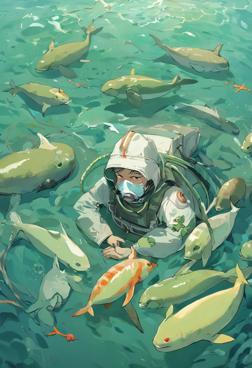 Polluted seawater,Dead fish floating in green water
Turtles lie dying on a beach full of garbage
Fishermen wearing protective masks protest by the sea
Scientists in protective suits take seawater samples to test for radioactivity
Dolphins and whales stranded on the beach struggle in pain
The feathers of seabirds fall off,Can't fly
The fish in the sea are swollen and deformed,Tumor overgrowth
Seaweed withers,Coral bleaching
Children wearing protective masks playing on contaminated beach
Mother in protective suit holding sick child crying
Abandoned nuclear power plants stand by the sea
Angry crowds held placards protesting the discharge of nuclear wastewater