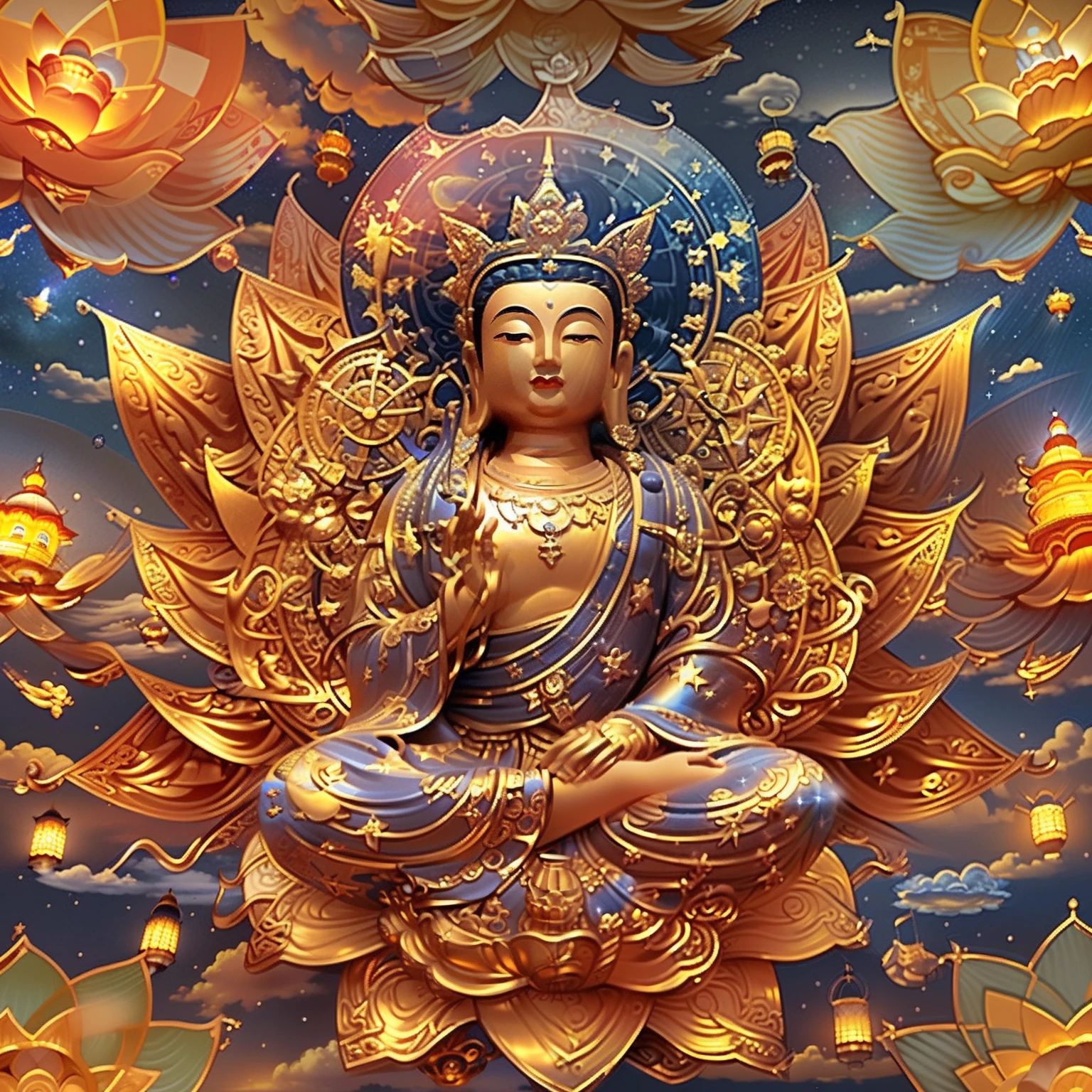 edd, Maitreya Bodhisattva,Maitreya, A huge golden Buddha statue sits in a room with blue ceiling and blue sky background with clouds, above_Clouds, Airship, aurora, bridge, Building, Castle, chimneys, City, City_lamp lights, Cityscape, clock, clock_Tower, Cloud, Cloudy_sky, constellation, Crescent_Moon, Desert, earth_\(planetes\), Fireworks, Floating_Island, fountain, milky ways, Glowing, house, Island, lamp post, lantern, Light_Particle, Milky_way, Moon, Mountain, Night, Night_sky, No_Humanity, planetes, scenery, Shooting_Star, sky, skylines, skyscraper, Snow, nevando, space, Star_\(sky\), Star_\(symbol\), Starry_sky, Starry_sky_print, Telescope, Tower, Town, Twilight, ships