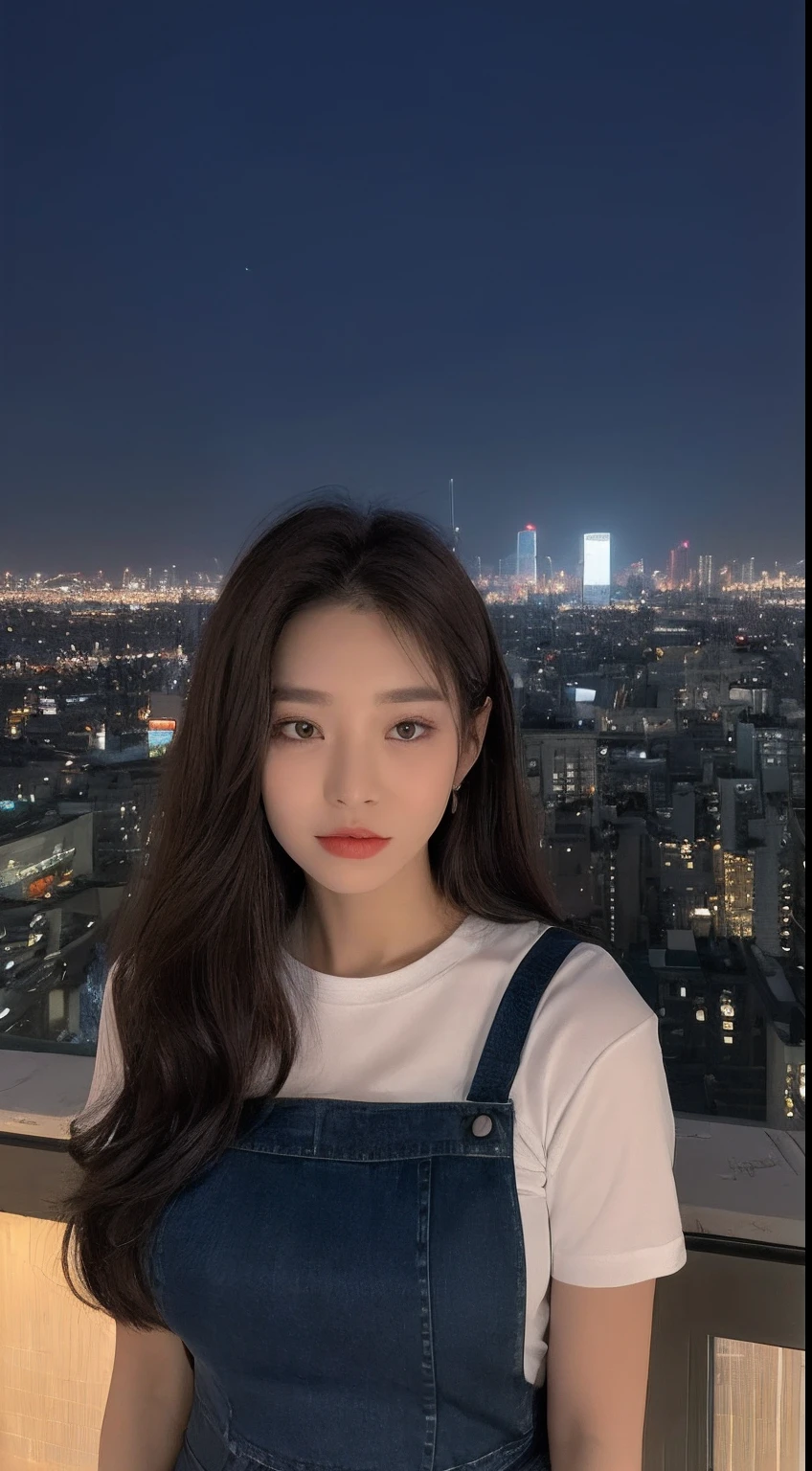 ((Midnight, Best quality, 8k, Masterpiece :1.3)), Whole body, Long legs, Sharp focus :1.2, A pretty woman with perfect figure :1.4, Slender abs :1.1, ((Dark brown hair, Big breasts :1.2)), (White tight tshirt, Jean bib, Standing:1.2), ((Night city view, Rooftop:1.3)), Highly detailed face and skin texture, Detailed eyes, Double eyelid