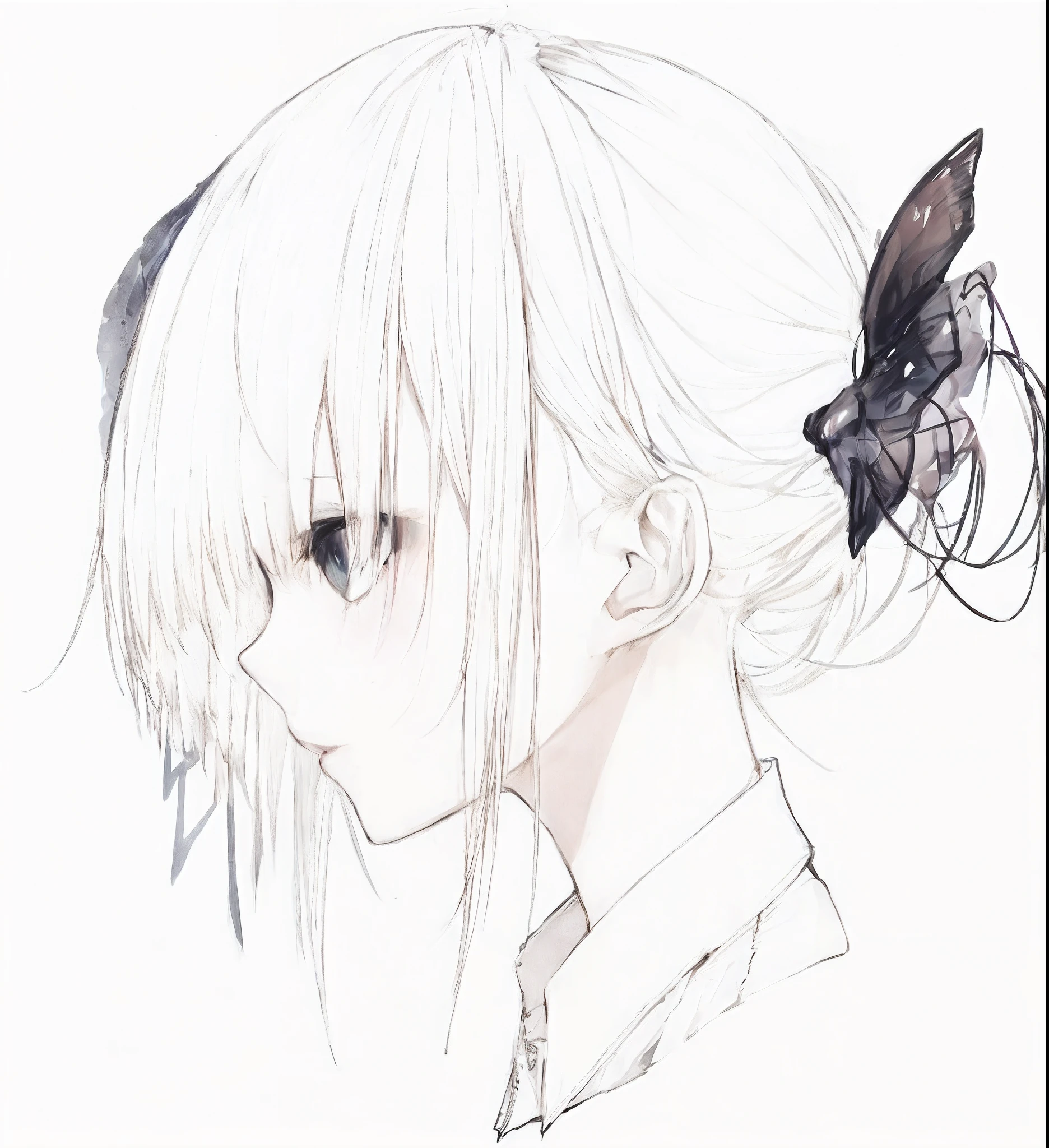 anime drawing of a girl with a butterfly in her hair, anime girl profile, Girl with white hair, anime girl portrait profile, white haired Cangcang, 2b, 2 b, White-haired, Girl with short white hair, white haired lady, detailed portrait of an anime girl, author:Love light, Detailed anime soft face, clean and meticulous anime style --auto