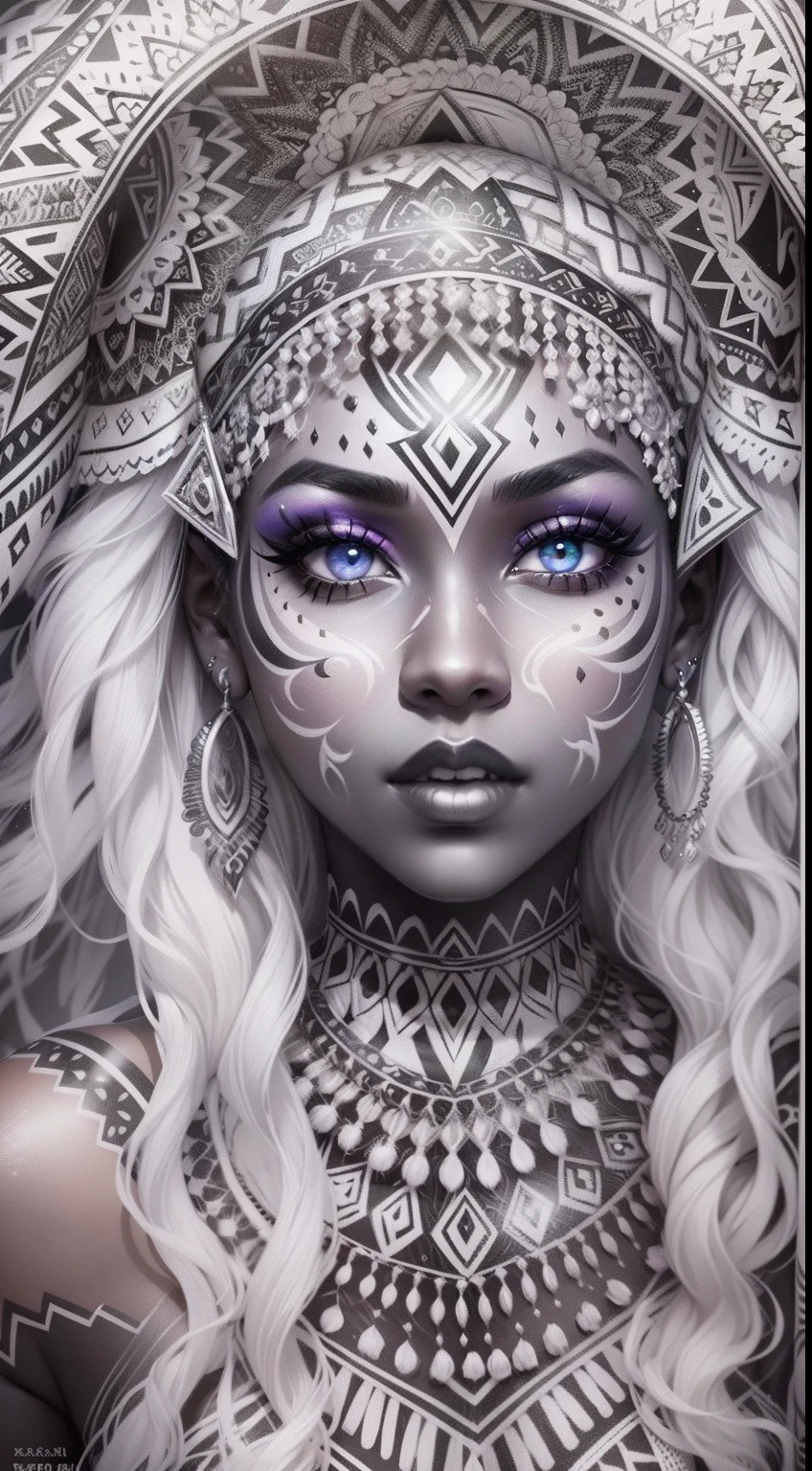 colouring book page, black and white, 32k, full body view, very beautiful tribal brown skin girl with excessive intricately detailed vivdly black and white facepaint bodypaint makeup, stunning radiant eyes, gorgeous white hair with highlights, magical night sky background