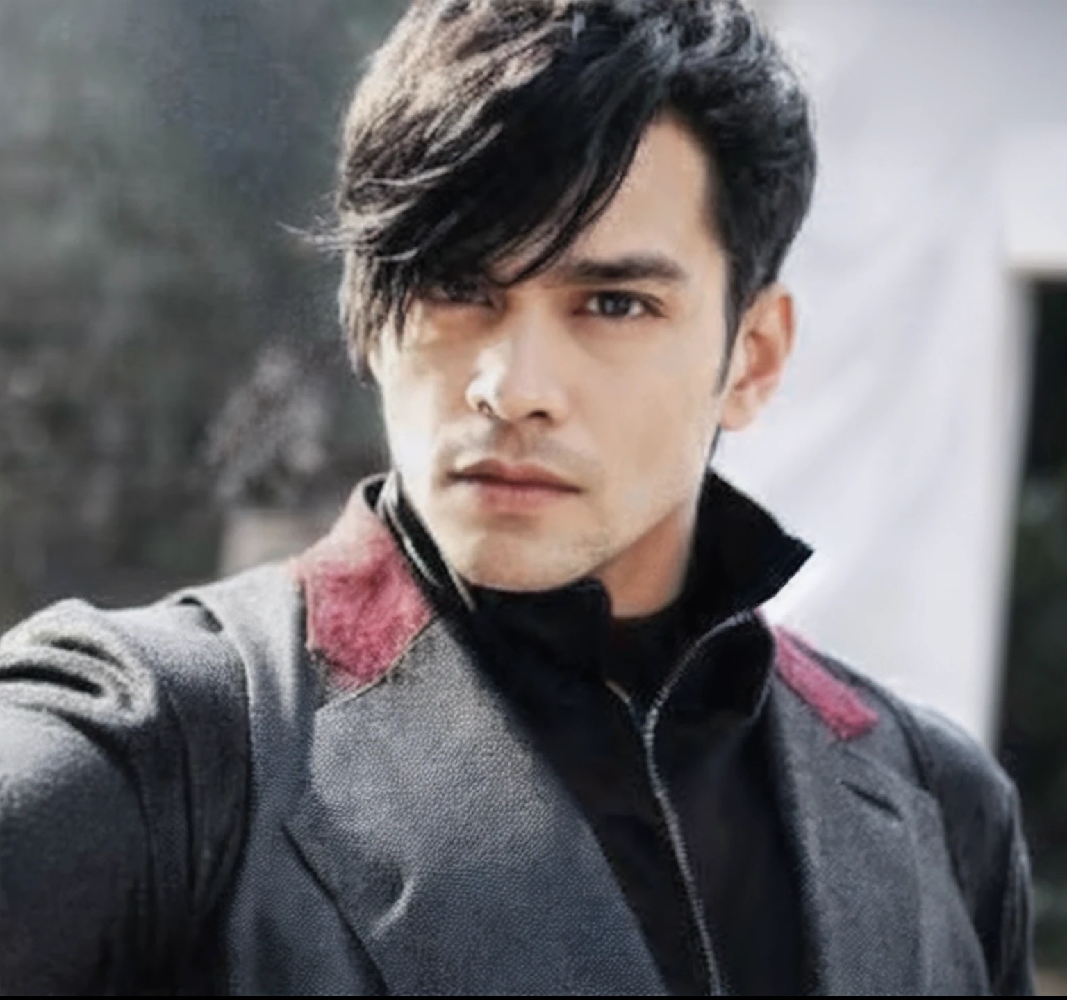 muscular, wide shoulder, photorealism, dark dirty grey suit, dark grey arms, ((no mask)), mask off, black hair, black gloves, best quality, masterpiece, high resolution:1.2, black cape, high detailed mask, high detailed suit, high detailed face, award winning, night time, a dark cave in the background, indoors, photo-realistic, ultra-realistic, octane render,make it batman,dark