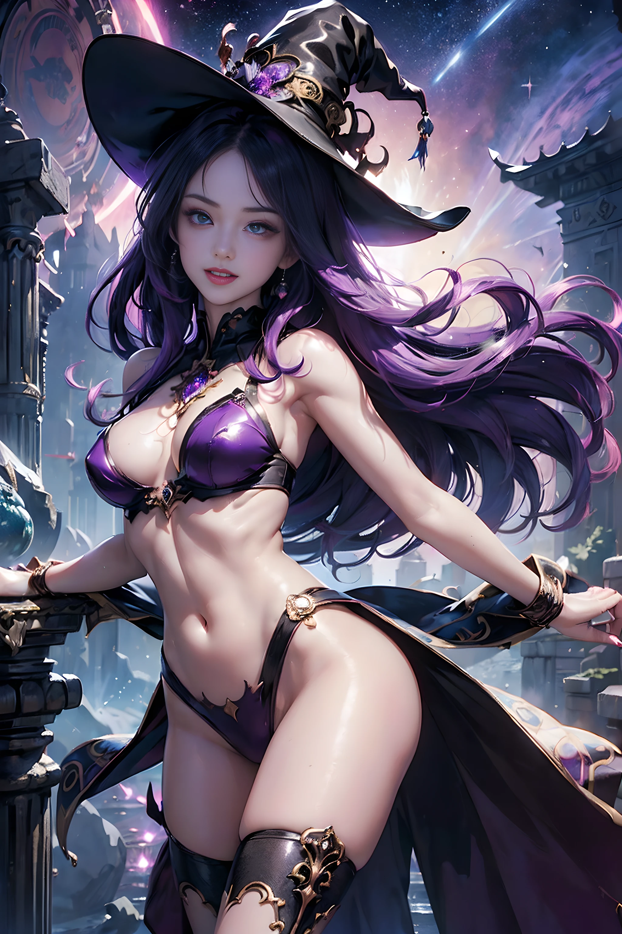 (Dynamic Posing:1.5), (Colorful:1.2), Dynamic Angle, (Highly detailed CG Unity 16K wallpaper:1.1), (Denoising strength: 1.45), (tmasterpiece:1.37), Beautiful cute gothic dark magical girl in witch style 17 years old, wearing witch hat, Her magic is dark, Glowing purple, Evil, smiling evil cute smile, Magical glowing aura, Powerful, Ultra Power, The power to shine, Magical powers, Cute white face, Purple and red glowing magic, (incredible details, Cinematic Ultra Wide Angle, Dark background, Depth of failure, Hyper Detailed, Insane details, High resolution, Incredible quality, dynamic shot, starrystarscloudcolorful, Ambilight, ultra-quality, (ultra detailed original illustration), double exposure, fussion of fluid abstract art, glitched, (original illustration composition), (maximalism artstyle, geometric artstyle, junk art), ((1girl in:1.4)), (very detailed beautiful face and eyes), eastern dragon, Floating Full Body, Hyper realistic, Cinematic lighting, Soft lighting, god rays, spark of light, masutepiece,beautifull hands,Perfect fingers,Perfect fingers,Perfect fingers