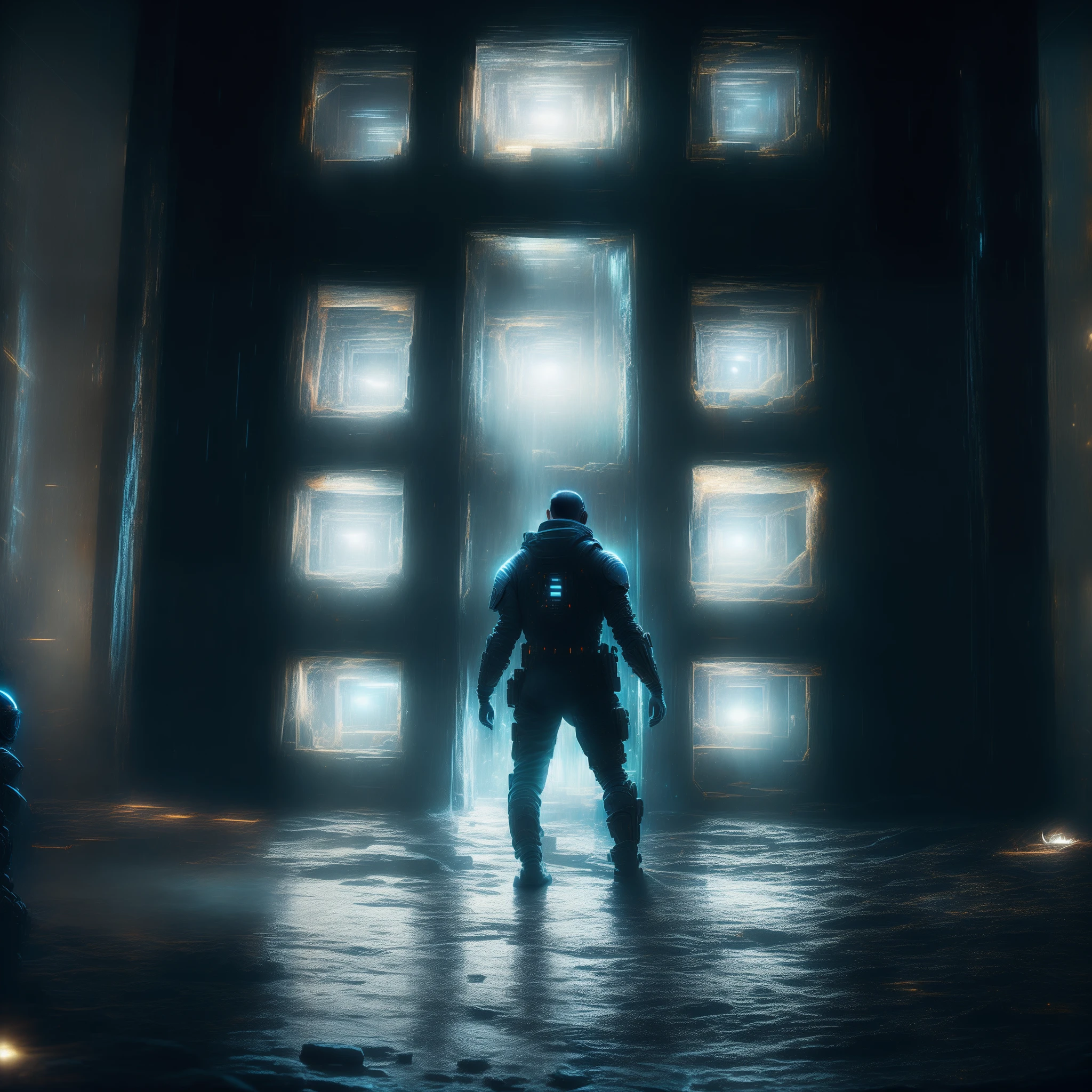 arafed image of a man in a dark room with a light coming through the window, 8 k movie still, from a 2 0 1 9 sci fi 8 k movie, dramatic sci-fi movie still, sci-fi cinematic movie still, still from a ridley scott movie, still from half-life movie, surreal sci fi set design, an epic scifi movie still