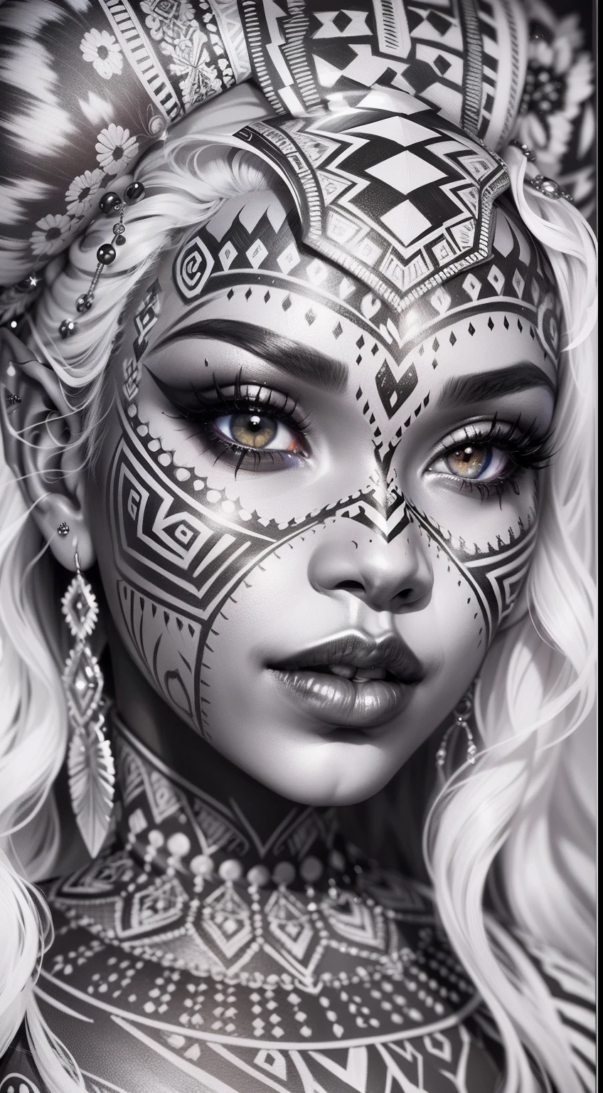 colouring book page, black and white, 32k, full body view, very beautiful tribal brown skin girl with excessive intricately detailed vivdly black and white facepaint bodypaint makeup, stunning radiant eyes, gorgeous white hair with highlights, magical night sky background