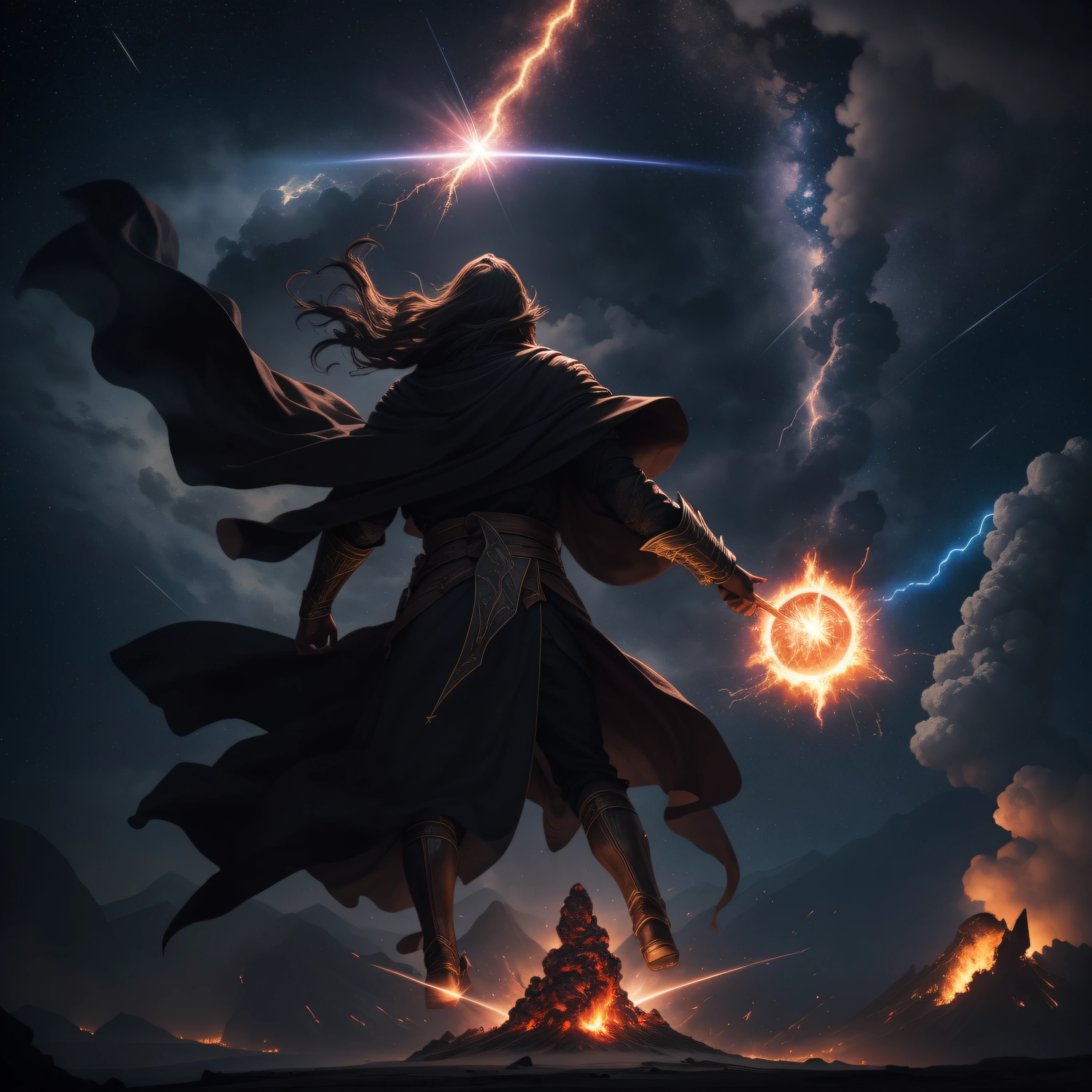 A breathtaking artistic depiction of an epic action scene featuring a wizard, summoning a giant meteor on top of a volcano, explosions of fire, The composition conveys a wizzard summoning hands in air and meteor above his head, is illuminated by flashes of lightning that cast dramatic shadows and highlights across the scene, meteor flying