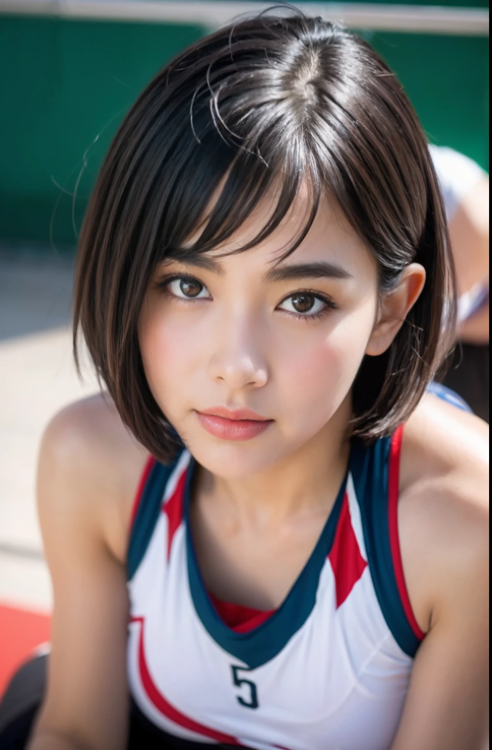 (8K, Raw photo, top-quality, masterpiece: 1.2), masterpiece, super detailing, Ultra-high decomposition energy A, (Realistic and realistic photos: 1.37), high-definition RAW color photography, Very delicate and beautiful., Igley Details, 8K Wallpaper, astonishing, detaileds, extremely detailed eye, highlydetailed skin, extremely detailed fingers, highly detailed nose, highly detail mouth, perfect anatomia,1girll, (Volleyball uniform), hazy, blured background, Blurred foreground, blush, braid, pectoral muscles, depth of fields, eyebrows visible through hair, Frild, hair between eye, Volleyball Court, jewely, look up at viewer, Short hair, Solo, Colossal tits、乃木坂アイドル、韓国アイドル、hposing Gravure Idol、porn star、18year old、tall、韓国アイドル、乃木坂アイドル、porn star、hposing Gravure Idol、((full bodyesbian)), ((Gravure Pose)), ((Saxy Pose)), ((full body Esbian)), crotch open, Lying down, Wide crotch, Sensual milf, sensuous