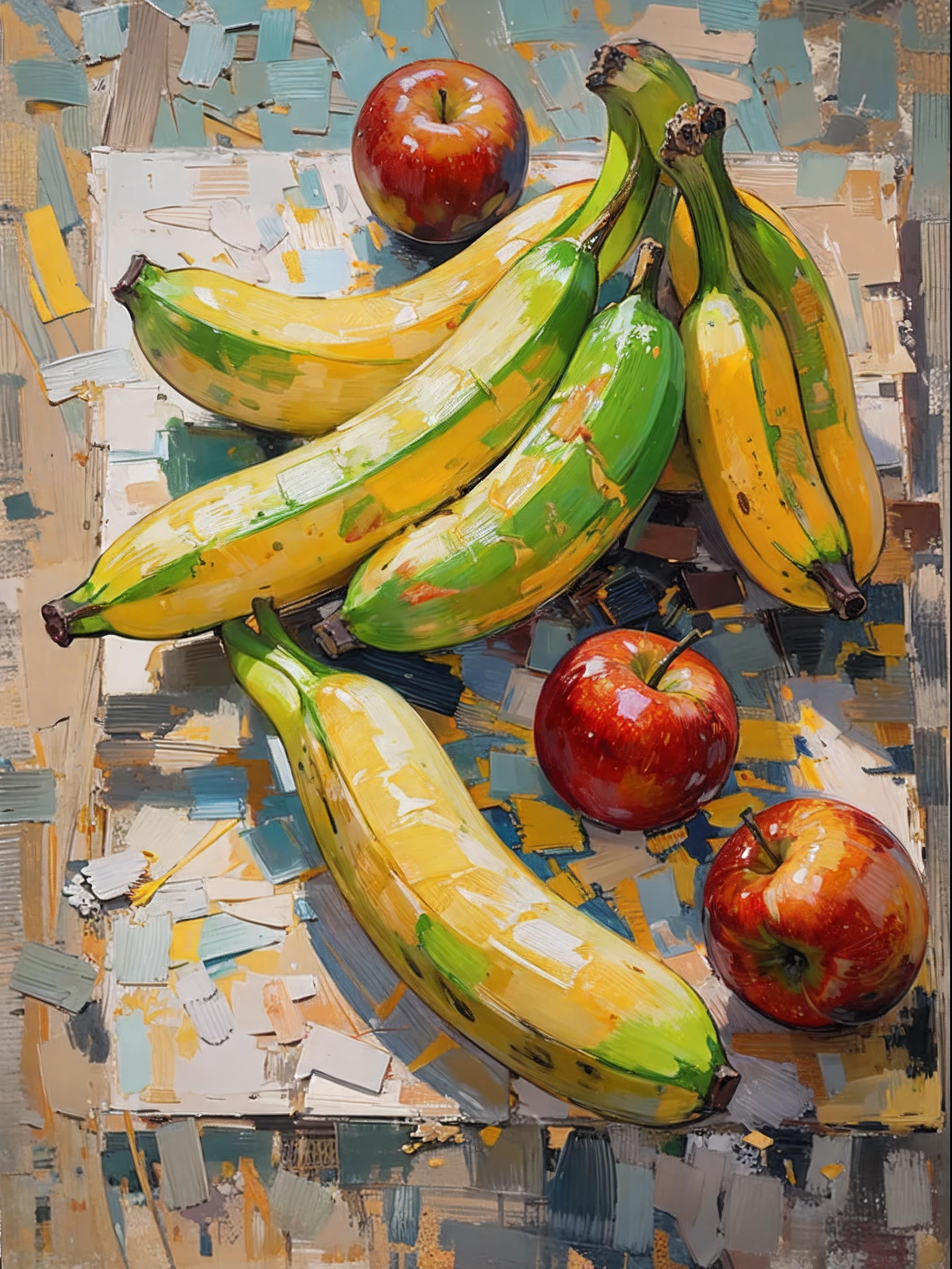 A painting made with oil paint and a palette knife. A banana and an apple are drawn on the canvas. The banana is colored with yellow and green, and the apple is colored with red and white. The surface of the fruits has light and shadow skillfully drawn, creating a sense of depth. The touch of the painting is strong, emphasizing the shape and texture of the fruits. The painting shows the masterful brushwork and skill of the artist.