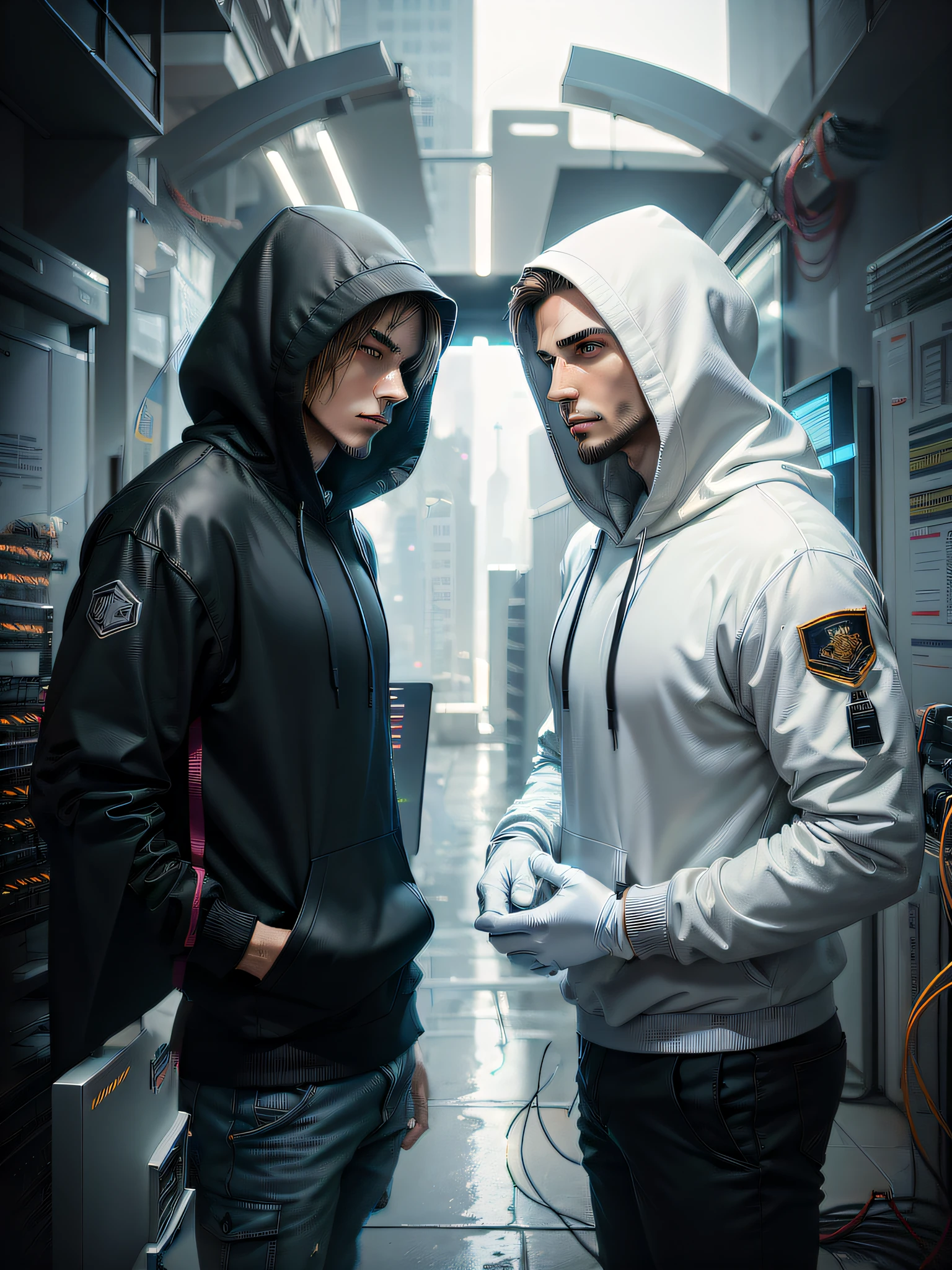 They were two men standing in a room with a lot of wires, wearing netrunner clothing, tech robes, wlop and andrei riabovitchev, Cyberpunk clothes, Cyberpunk costumes, cyber punk style, cyberpunk techwear, cyberpunk fashion clothes, techwear outfits, cyberpunk fashion clothes, cyberpunk streetwear, beeple and greg rutkowski, in a cyberpunk setting