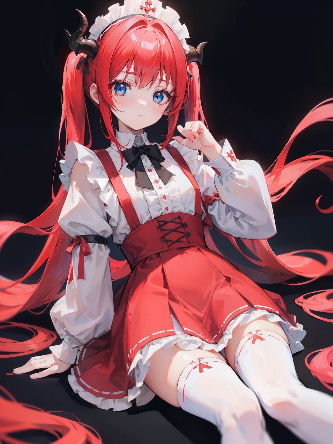 red hair,blue eyes,twintails,maid, long hair, long sleeves, gothic, solo, loli,Short skirt, white stockings,{{best quality}}, {{masterpiece}}, {{ultra-detailed}}, {illustration}, {detailed light}, {an extremely delicate and beautiful}, girl,cute,dragon horns