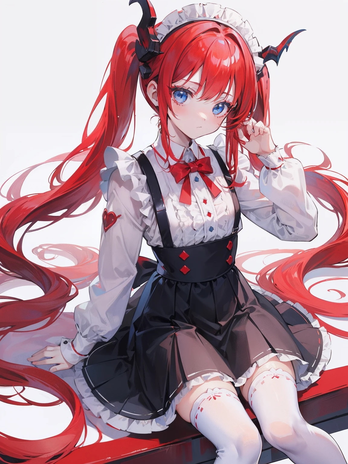 red hair,blue eyes,twintails,maid, long hair, long sleeves, gothic, solo, loli,Short skirt, white stockings,{{best quality}}, {{masterpiece}}, {{ultra-detailed}}, {illustration}, {detailed light}, {an extremely delicate and beautiful}, girl,cute,dragon horns