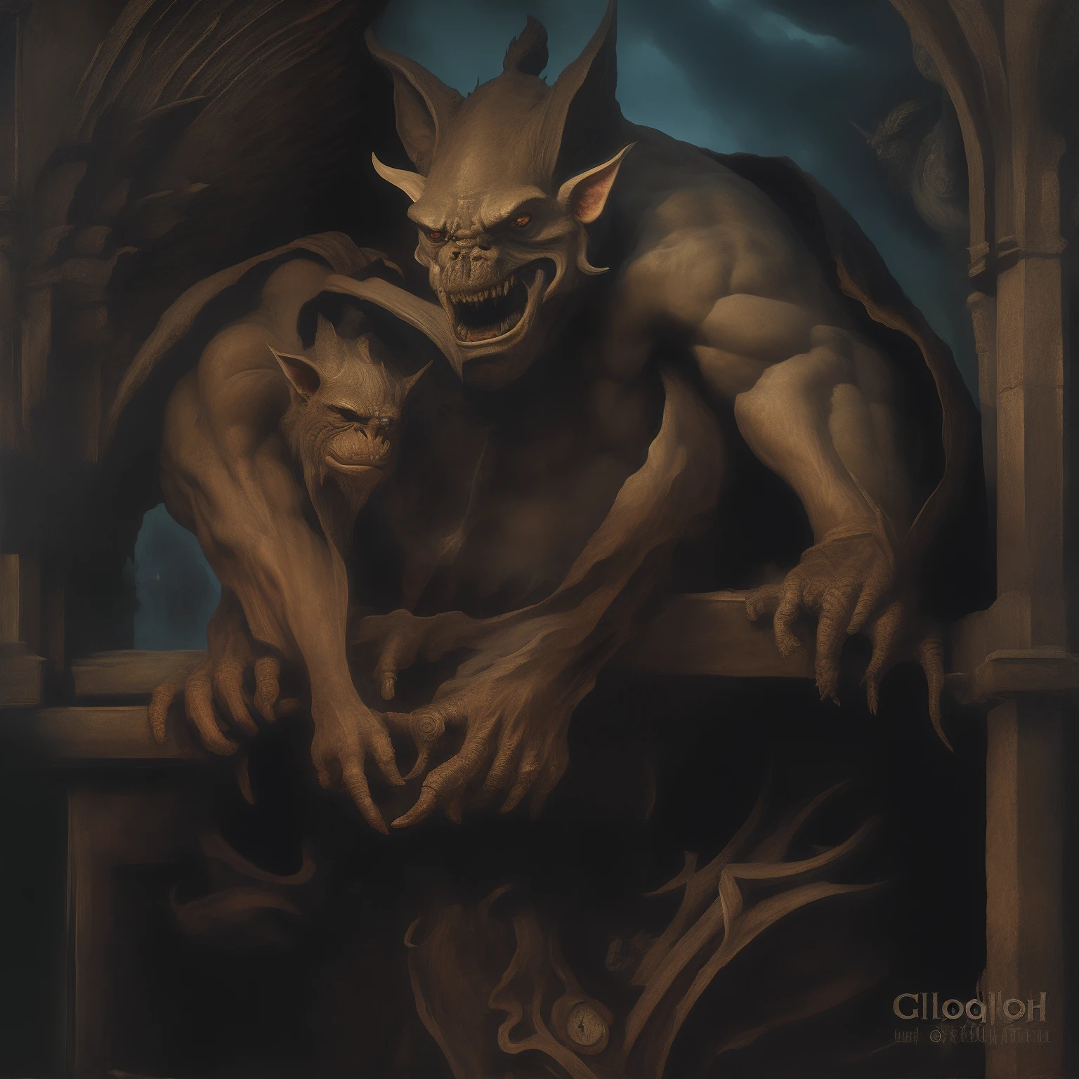 Colorful painting of a gargoll on a building with a clock, gargoyles, james jean and clyde caldwell, detailed 3d gothic oil painting, chtulhu, techno gargoyles, wlop and andrei riabovitchev, jeff easley and ross tran, gerald brom and vincent di fate, gargoyle, by Todd Lockwood