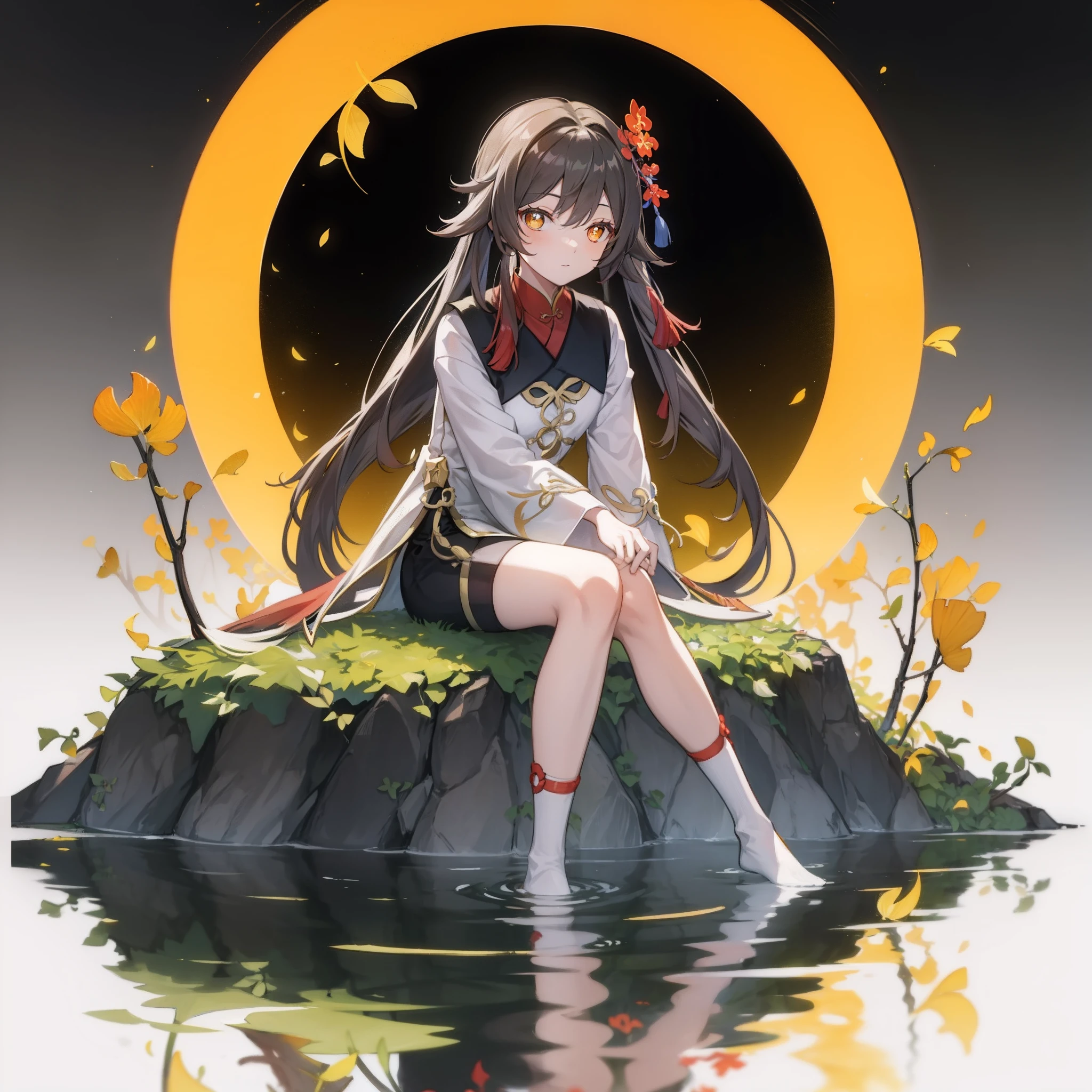 yellow Chinese ginkgo biloba leaves pattern white background, Hu tao from genshin impact, casual outfit, facing sideway, sitting, circle in the middle, long hair, water reflection,