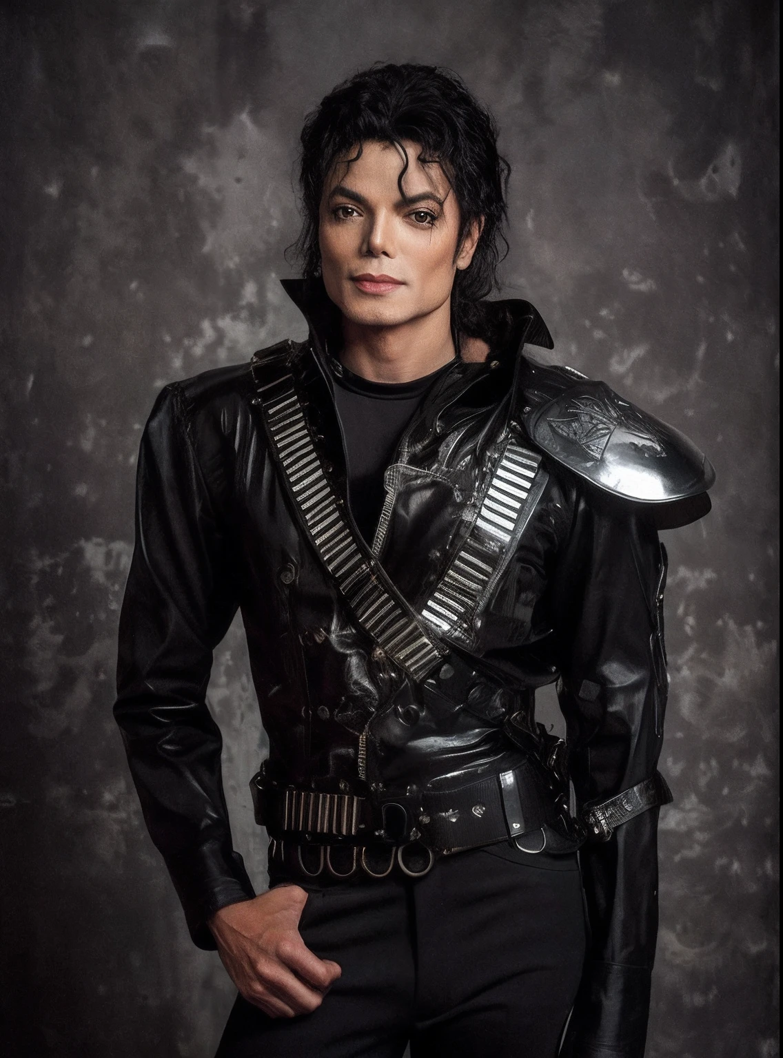 Michael Jackson com uma jaqueta de couro e cinto posando para uma foto, Michael_Jackson, Michael Jackson, Retrato de Michael Jackson, Retrato de Michael Jackson, com ombreiras, Fotografia Moonwalker, em armadura de couro, Thriller, Em breve Michael Jackson, em uniforme preto, vestido com armadura corporal preta, michael jackson moon dance, Michael Jackson como Homem-Aranha, usando um colete de couro preto