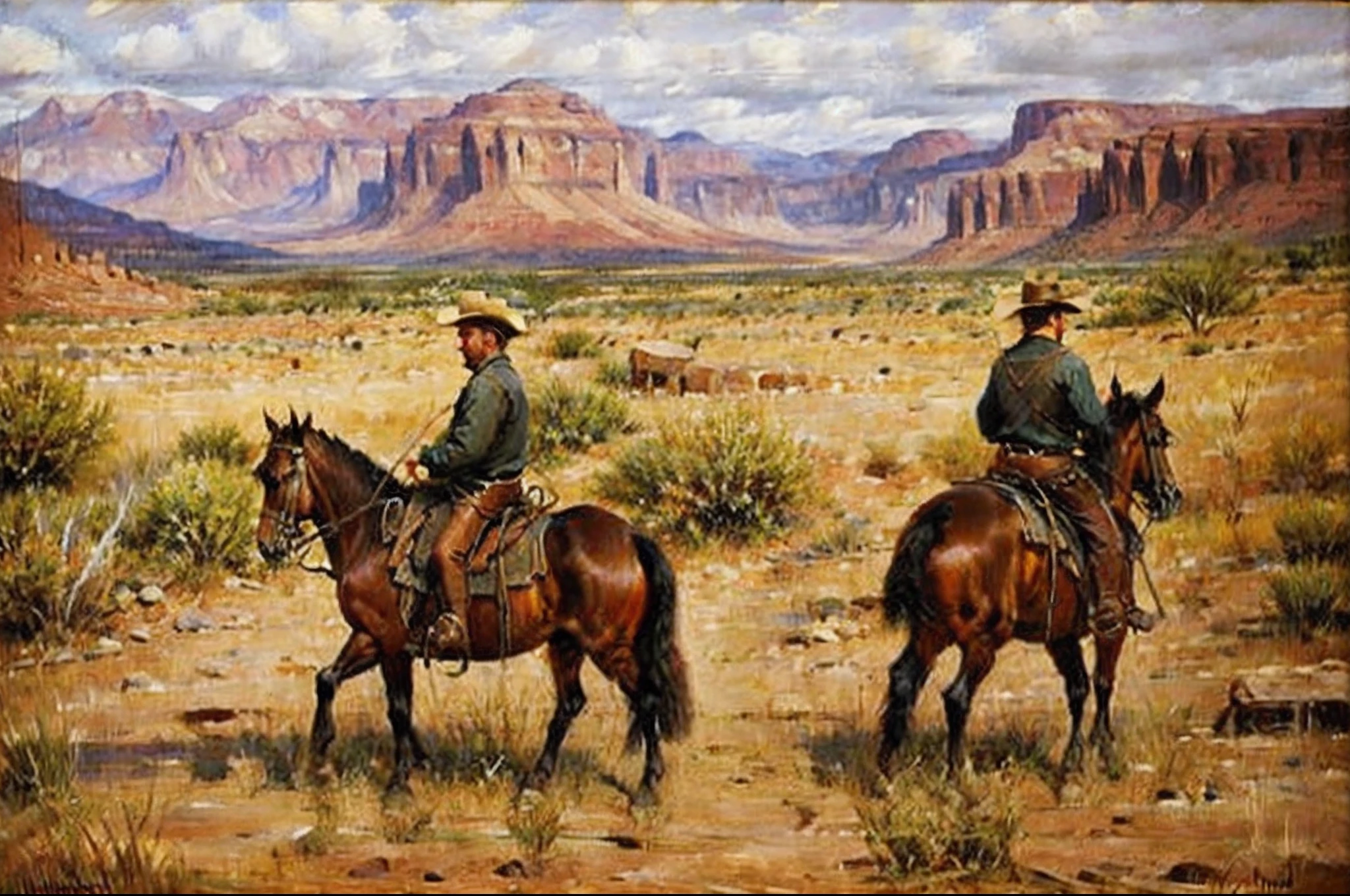 "Create an exquisite oil painting with an old western theme, depicting a captivating scene of a fearless cowboy in a vast, rugged landscape."