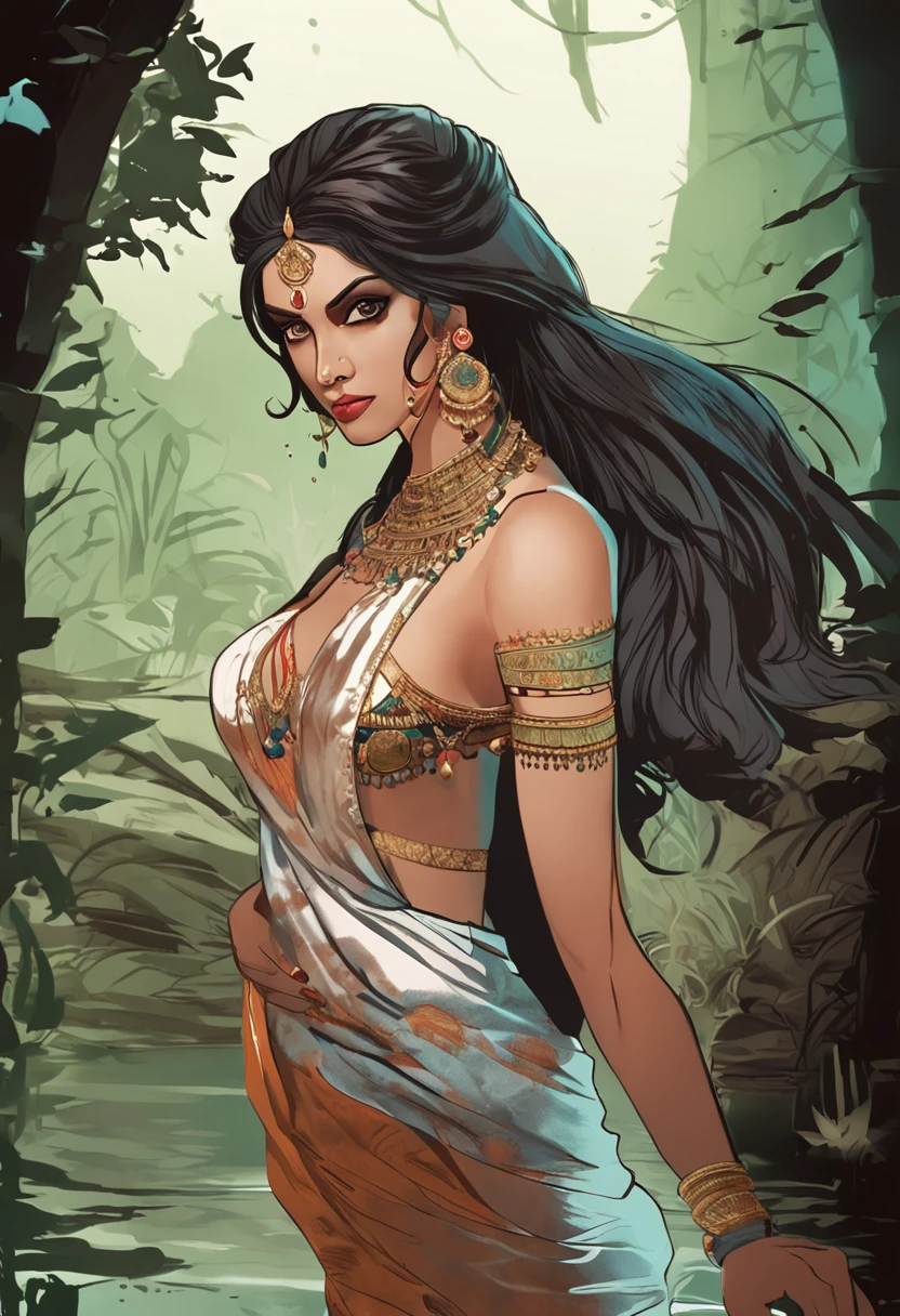 ((realistic: 1.5)),((best quality)), ((masterpiece)),((detailed)), (1girl), {a beautiful woman in a Sari}, (upper body:1.3), super wide angle lens, facial focus, mature, sexy, toned muscles, long legs, curves, barefoot, large firm breasts, open neckline, saggy breasts, thick thighs, wide hips, slim legs, green eyes, long black hair, floating hair, long eyelashes, (Detailed Face, Beautiful Eye, Detailed Pupils, Detailed Clothing Features, Light Background: 1.3), (Bindi, Jhumkas: 1.3), (Armlet, Haar, Payal, Maang Tikka, Jhumkas, Kamarband, Bracelets: 1.3), mysterious ancient ruin, lush forests, deep canyons, bridge, river, cliff, cloud, lakes, rock, waterfalls, flowers, grass, fog, vine, tree, smoke, best shadow, bright details, sharp, composition perfect, Intricate, sharp focus, dramatic, by Frank Frazetta, by Julie Bell, by Olivia De Berardinis, by Luis Royo, by boris vallejo, (specular lighting:1.3), edge light, princesses, playing, princesses playing with water, river bank, skimpy real underwear, random real color, lying on the floor, spooning her friend, hand in underwear, thirsty face, erotic face, open lips, almost naked, underwear slid down, served by servants, armed bodyguard, servant, panting, breathing hard, clenched fist, visible slit, queen and slave