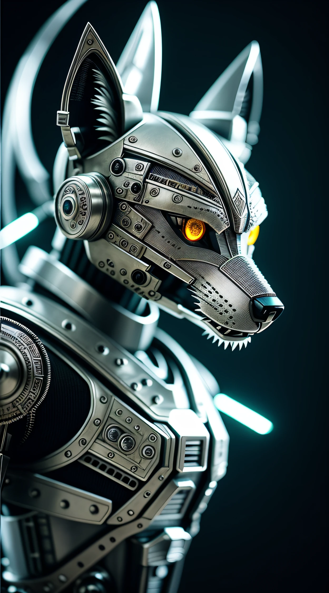 Cute wolf made of metal, (Cyborg:1.1), ([Tail | detailed wire]:1.3), (Intricate details), hdr, (Intricate details, ultra - detailed:1.2), cinema shot, Vignette, Centered