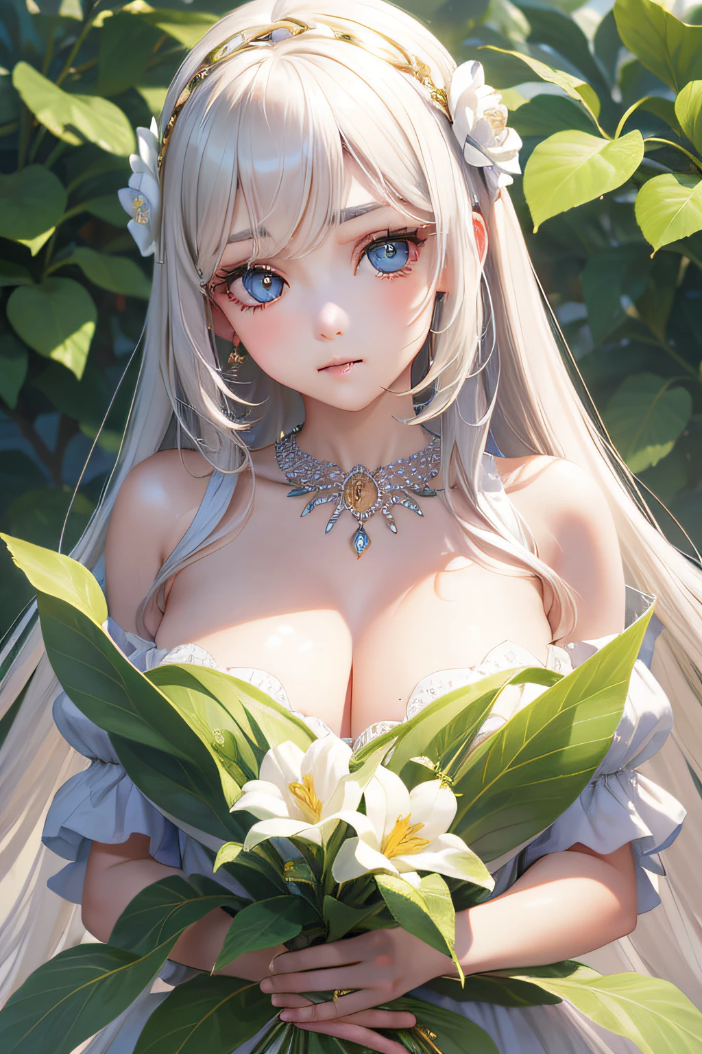 A beautiful girl, hair over the shoulder, clear eyes, smooth hair, exquisite and perfect facial features, the most beautiful big eyes, long eyelashes, sweet eyes with lying silkworms, pout, dynamic angle, ultimate picture quality, the highest precision, accurate and perfect human body, necklace, bust, close-up, outdoors, background is flowers and plants, long shot,