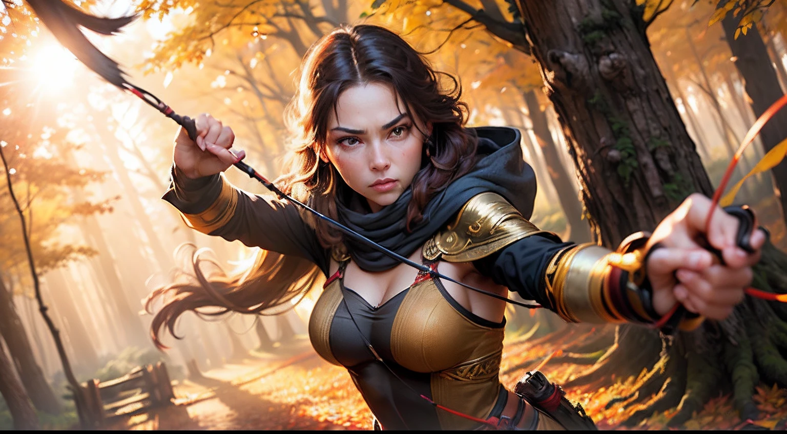 (best quality,4k,8k,highres,masterpiece:1.2),ultra-detailed,(realistic,photorealistic,photo-realistic:1.37), Vampire Hunter Naru Narusegawa, long light brown hair, brown eyes, big bouncing breasts (about a D-cup):1.1, wearing leather jacket, skirt, boots, and a white t-shirt, Ken Akamatsu art style, dynamic pose, intense expression, hunting crossbow, vampire fangs hidden under her lips, dark and mysterious forest background, moonlit night atmosphere, dramatic lighting, vibrant colors, vibrant red color tone, detailed forest foliage, blurred background, casting long shadows, intense action scene, fast-paced movement, wind blowing through her hair, confident and determined gaze, adrenaline-filled tension, cinematic composition, perspective from a low angle, adding depth and impact to the scene, dynamic lines and shapes, attention to facial features and emotions, dramatic shadows and highlights, detailed and textured clothing, realistic leather texture, shiny leather material, intricate costume designs, attention to anatomical proportions, exaggerated but balanced body proportions, attention to detail in facial features, including eyebrows, eyelashes, and hairstyles.